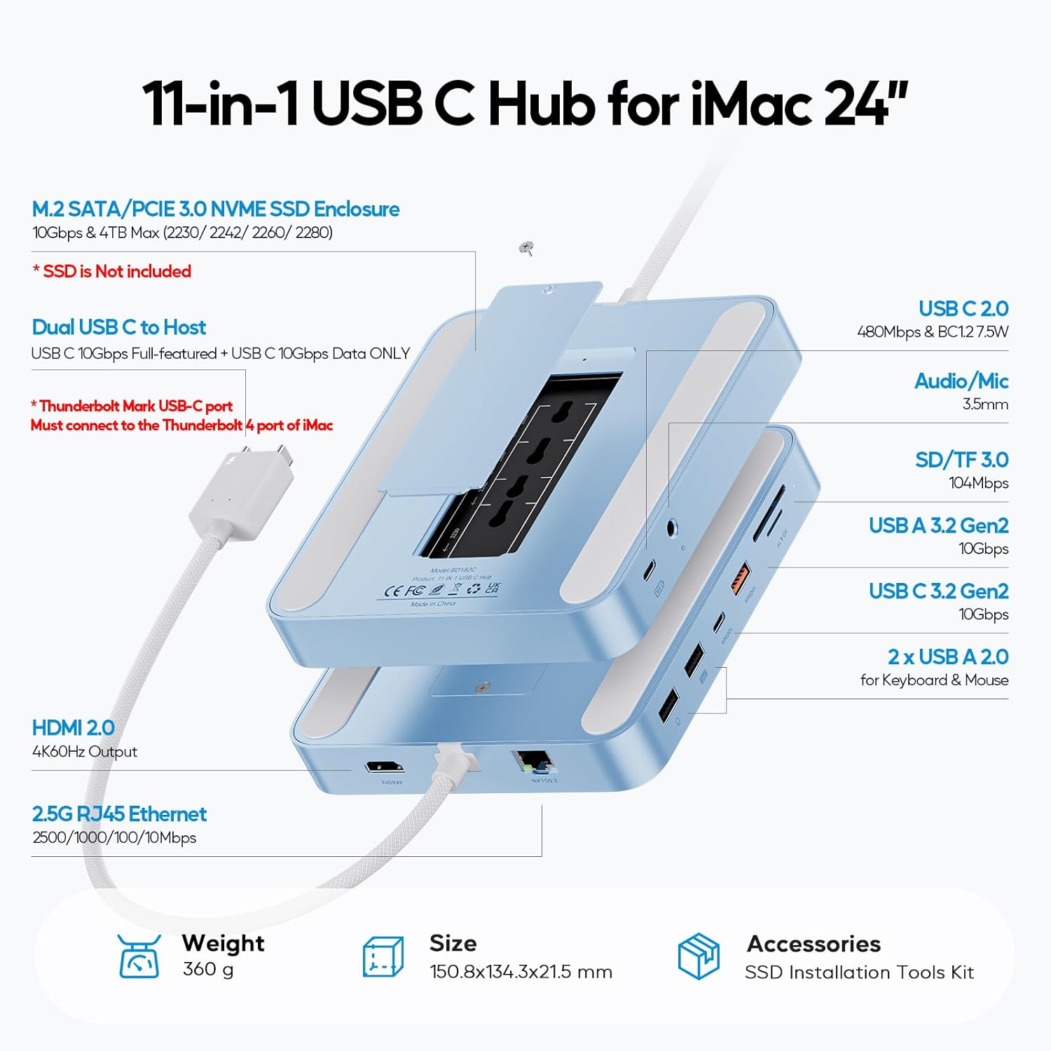 PULWTOP 11-in-1 USB-C Hub Docking Station for iMac 24-inch (M1/M3/M4) with M.2 SSD Support – Blue