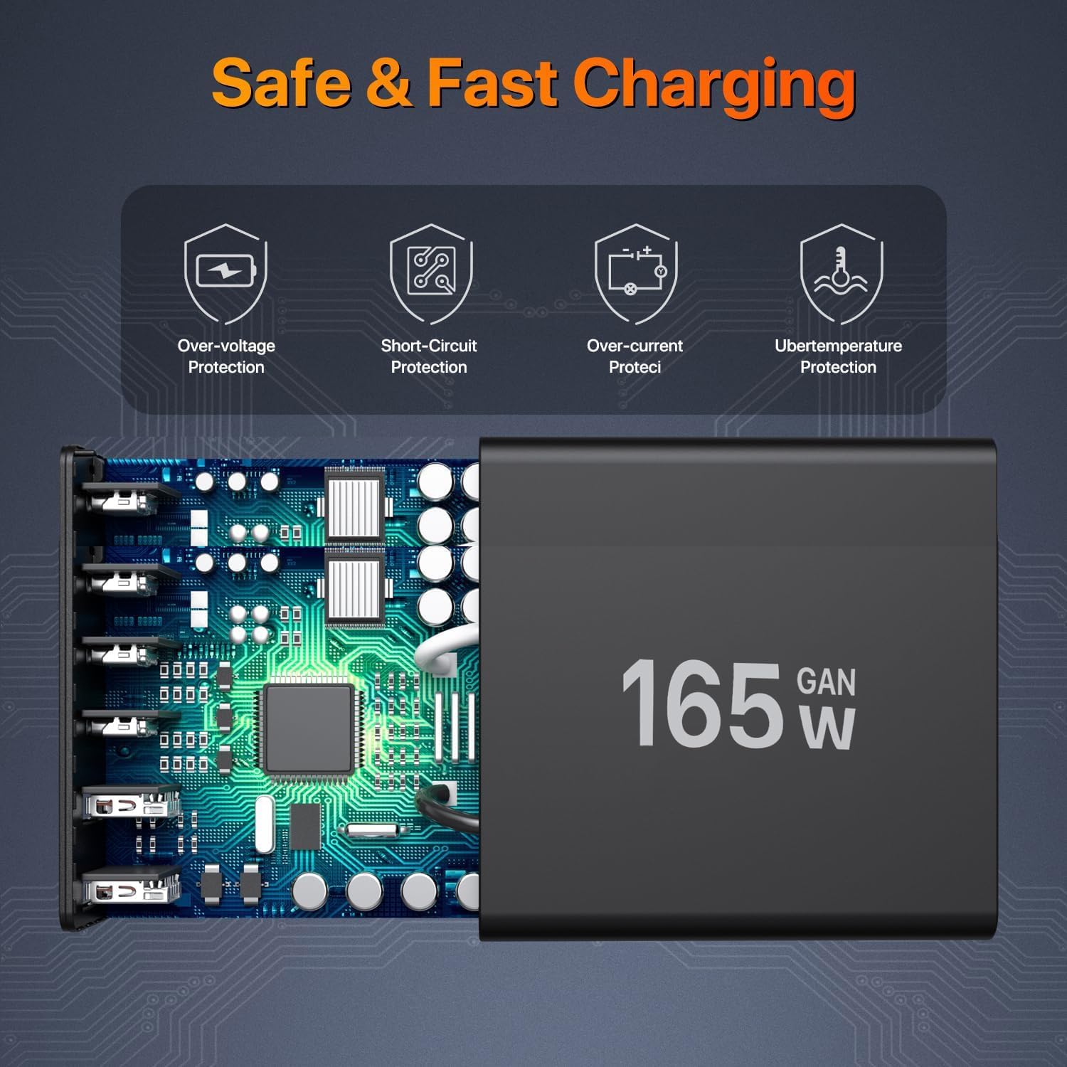 USB C Charging Station 165W, USB C Desktop Charger GaN 6 Port Fast Travel Wall Charger Adapter Compatible with MacBook Pro/Air/iPhone 12/13/14/15/16 Series/Samsung Galaxy S22/S23/S24/Laptop (Black)