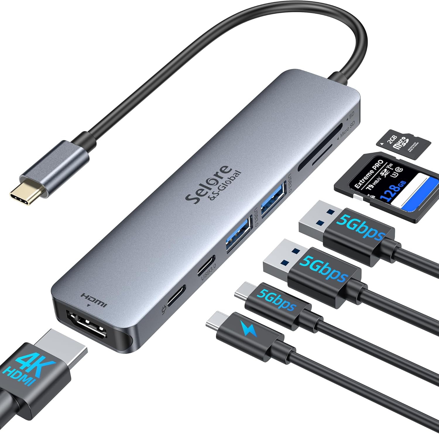 Selore&S-Global 6-in-1 USB-C Hub – 4K HDMI, 100W PD, USB 3.0, USB-C 3.0, SD/TF Card Reader