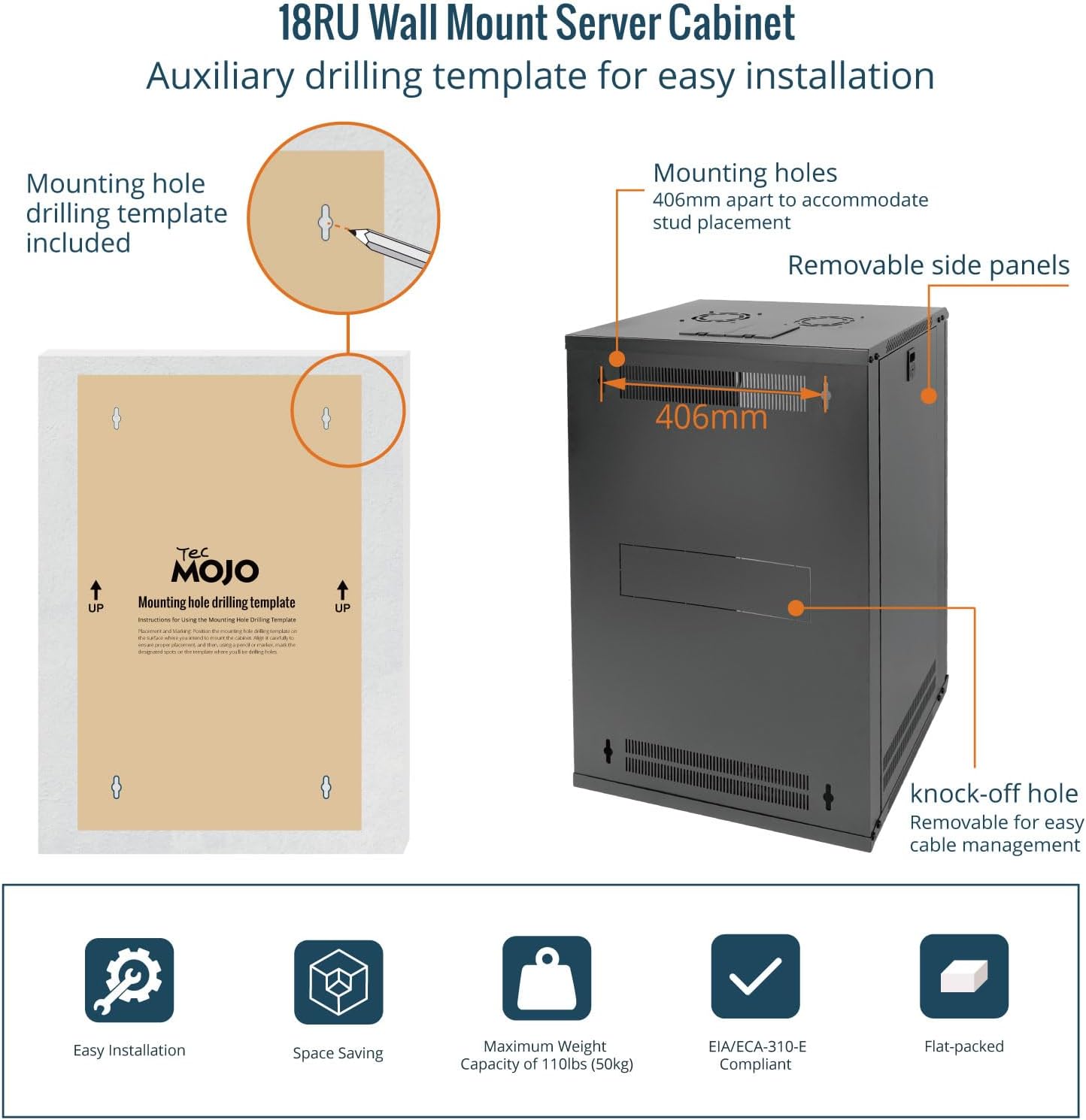 Tecmojo 18U Wall Mount Network Cabinet – 450mm Deep, Lockable Glass Door, 50kg Load - Black