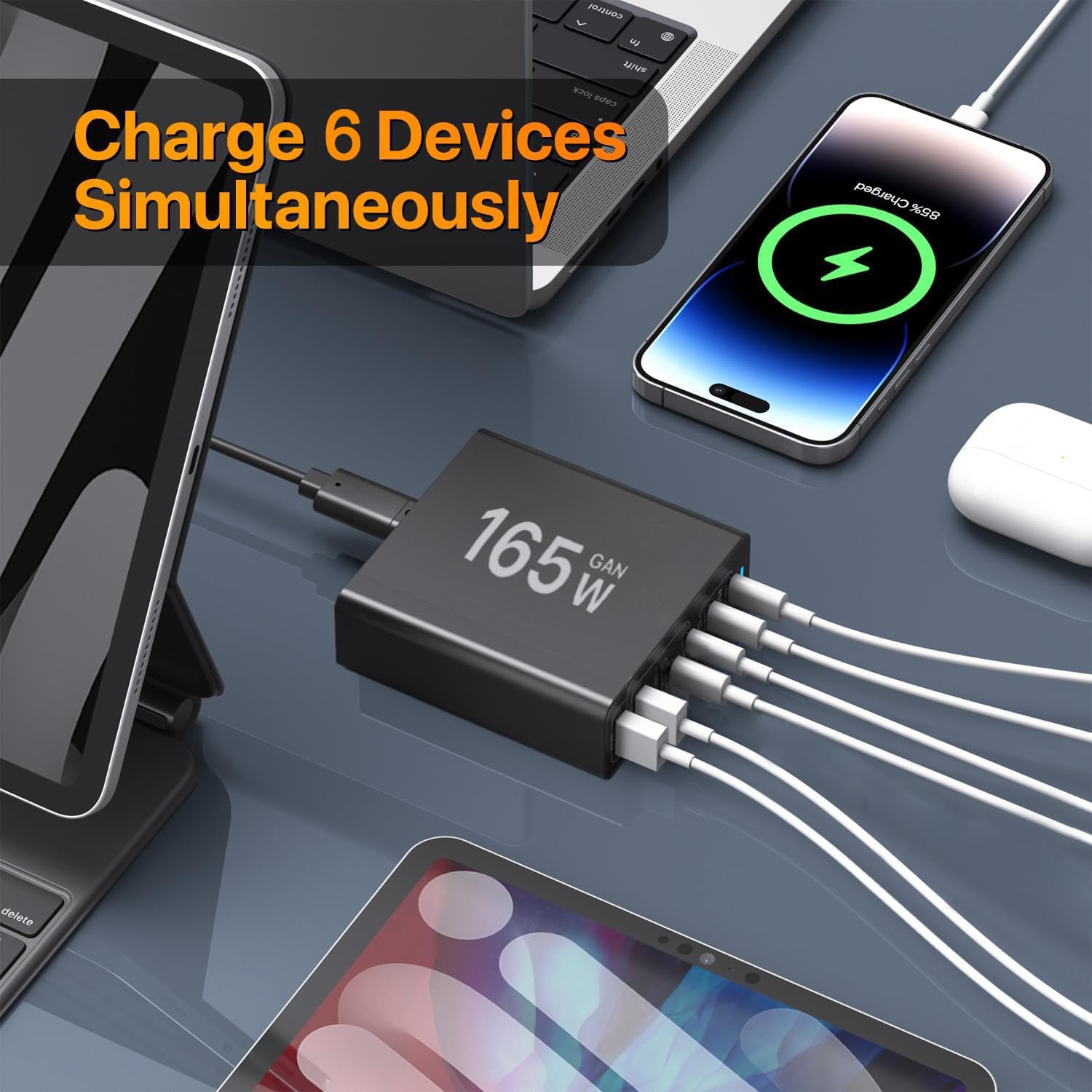 USB C Charging Station 165W, USB C Desktop Charger GaN 6 Port Fast Travel Wall Charger Adapter Compatible with MacBook Pro/Air/iPhone 12/13/14/15/16 Series/Samsung Galaxy S22/S23/S24/Laptop (Black)