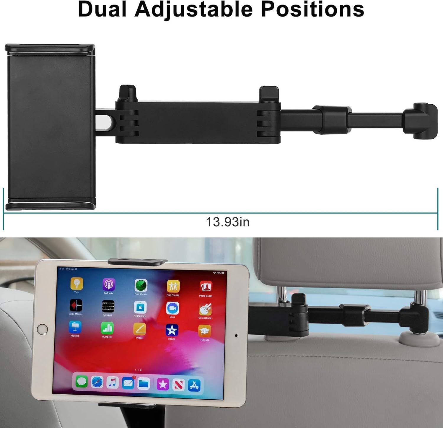 Car Headrest Tablet Mount, Stretchable Ipad Headrest Holder for Car Backseat Universal 360° Rotating Adjustable, Compatible with Phone/Tablet/iPad Mini/Samsung 4"-10.6", Headrest Posts Width 4.7-5.9in