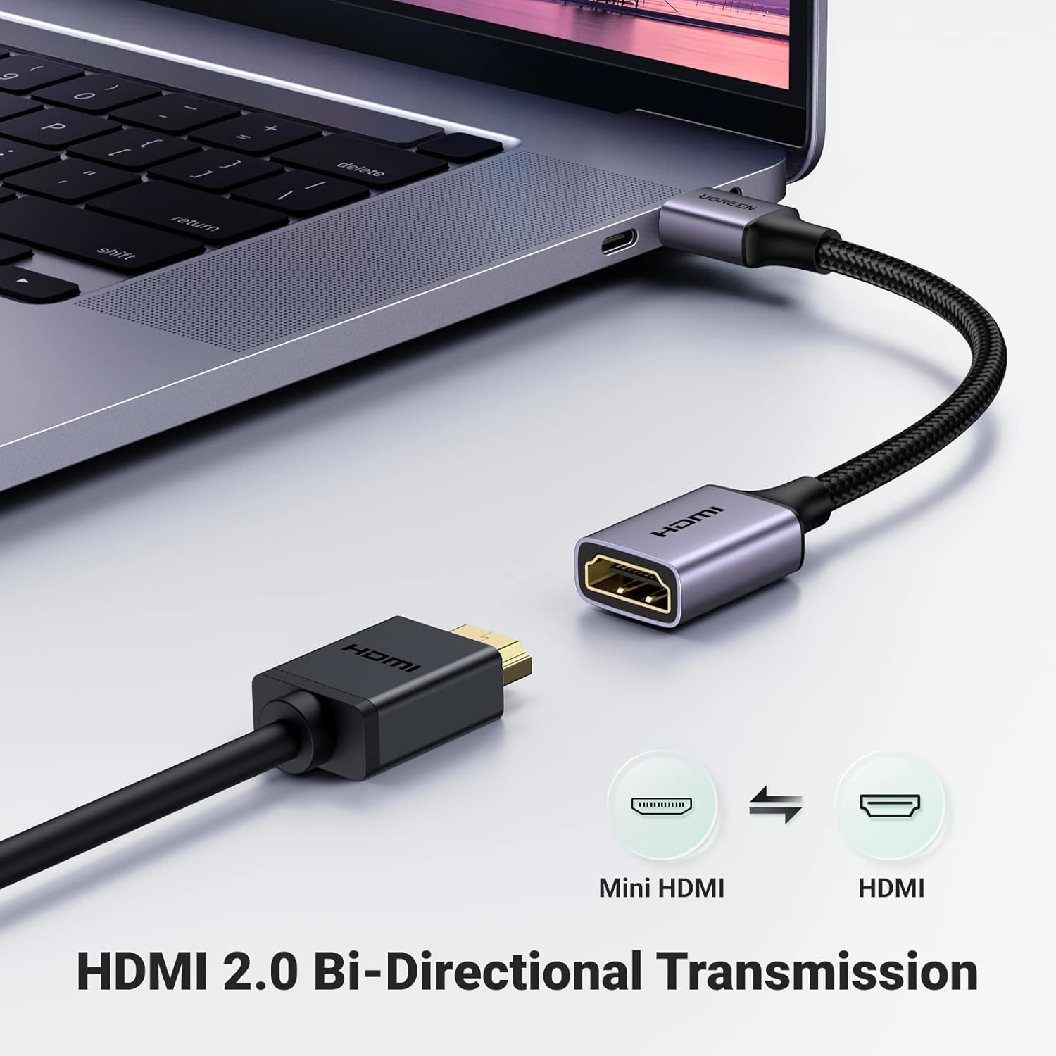 UGREEN 4K@60Hz Mini HDMI Male to HDMI 2.0 Female Adapter Connector Nylon Braided Cable Compatible with Raspberry Pi Zero 2W DSLR Camera Graphics Video Card Pico Projector