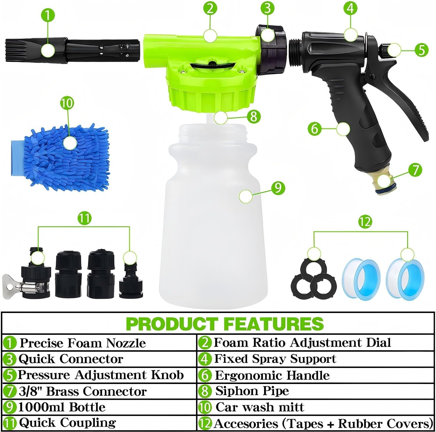 Car Wash Foam Gun, Snow Foam Gun Sprayer with 3/8" Brass Connector & 1L Bottle, Nozzles, Wash Mitt, Car Accessories for Men - Snow Foam Cannon Cleaner - Wash Kit for Washing Home Garden Watering Green
