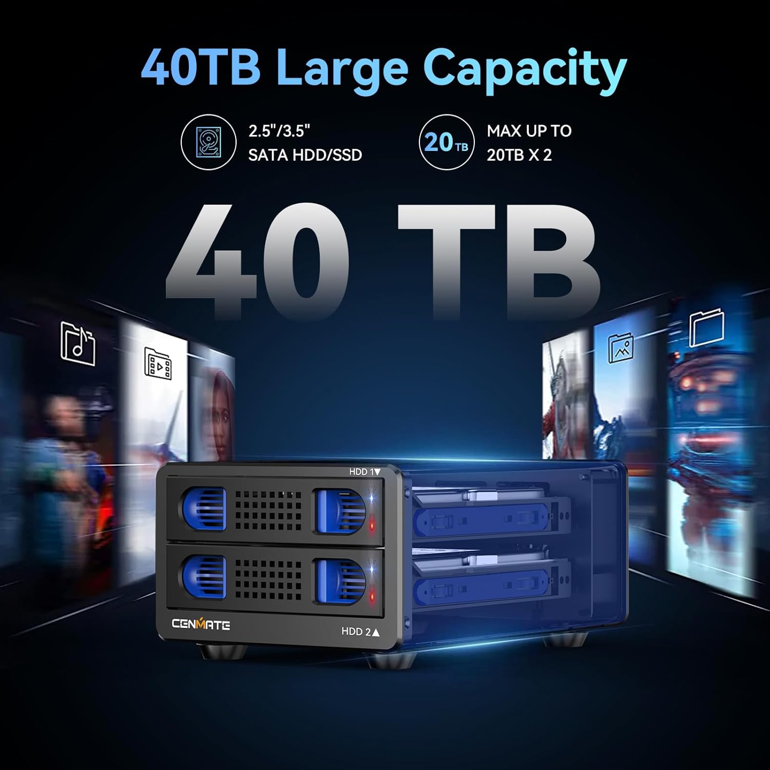 CENMATE Dual-Bay Hard Drive Enclosure — USB 3.0, Aluminum with Silent Cooling Fan