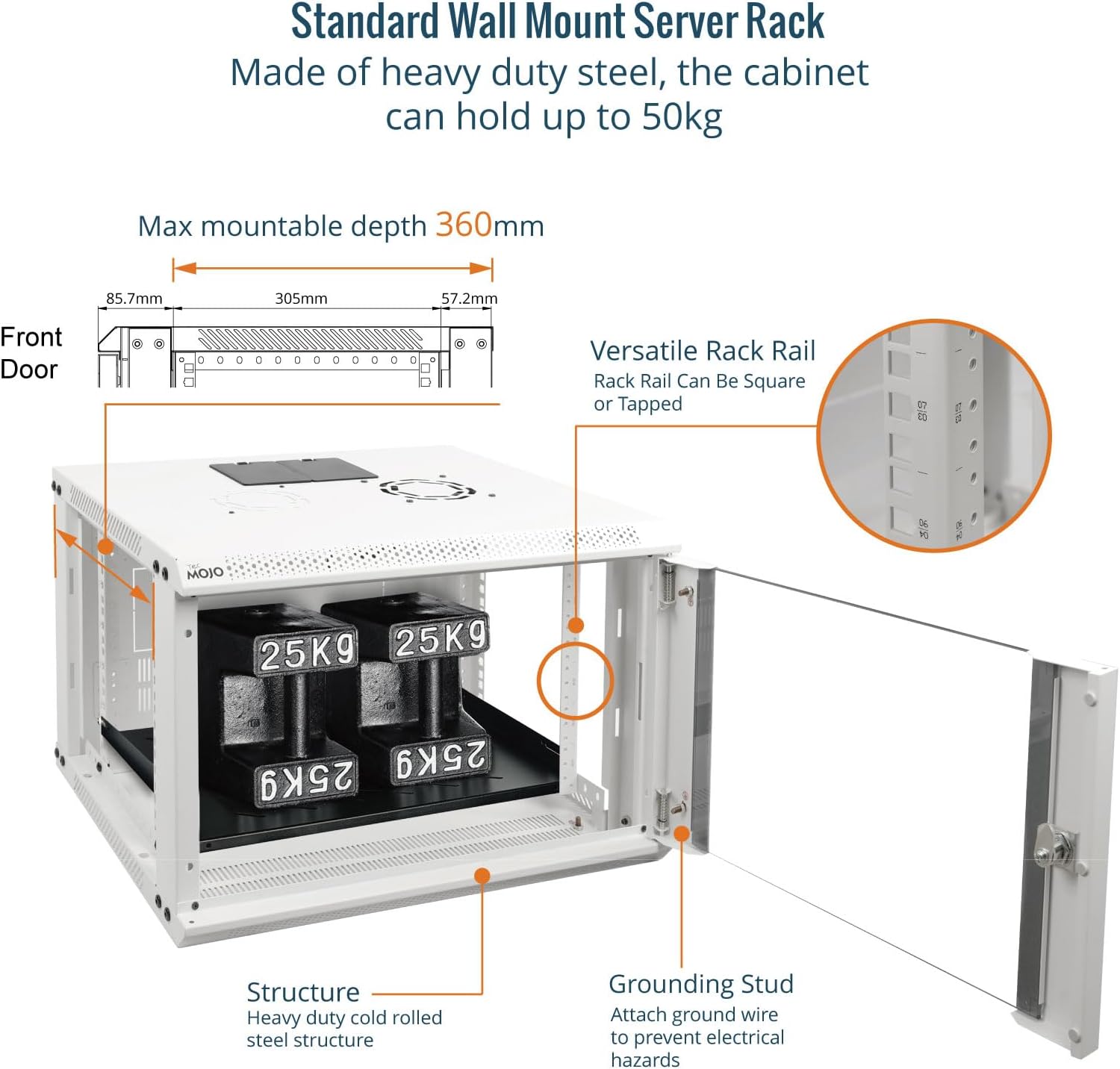 Tecmojo 6RU Wall Mount Network Cabinet – 450mm Deep, Lockable Mesh Door, 50kg Load - White