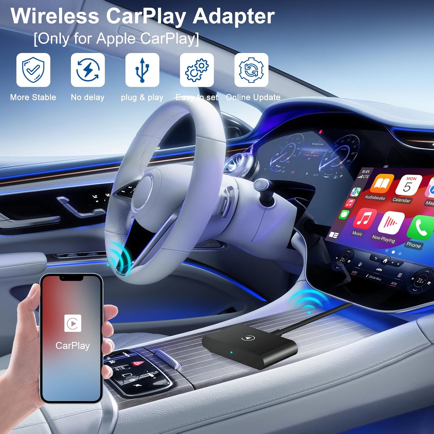 Wireless Carplay Adapter,Wireless Apple Carplay Dongle Adapter,Car Apple Carplay Bluetooth Adapter,Plug & Play 5GHz WiFi Online Update,Low Latency,Easy to Install,Support Newest iOS 16