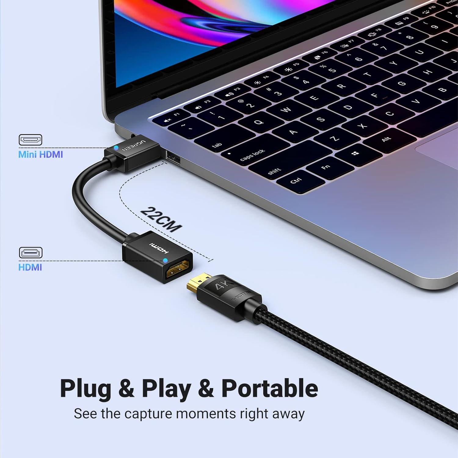 UGREEN 4K@60Hz Mini HDMI Adapter Male to Female Cable Compatible with Raspberry Pi Zero 2 W/Zero W, DSLR Camera, Camcorder, Graphics Video Card, Laptop, Pico Projector, Tablet