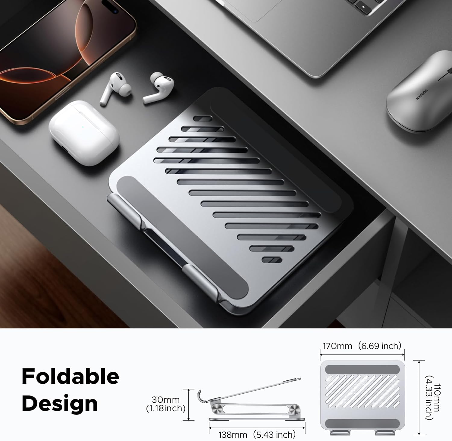 UGREEN Tablet Stand Holder for Desk, Dual Rod Support Aluminum Desktop Mount, Adjustable Foldable Dock, Multi-Angle Riser, Compatible with iPad Pro Air Mini, Silver