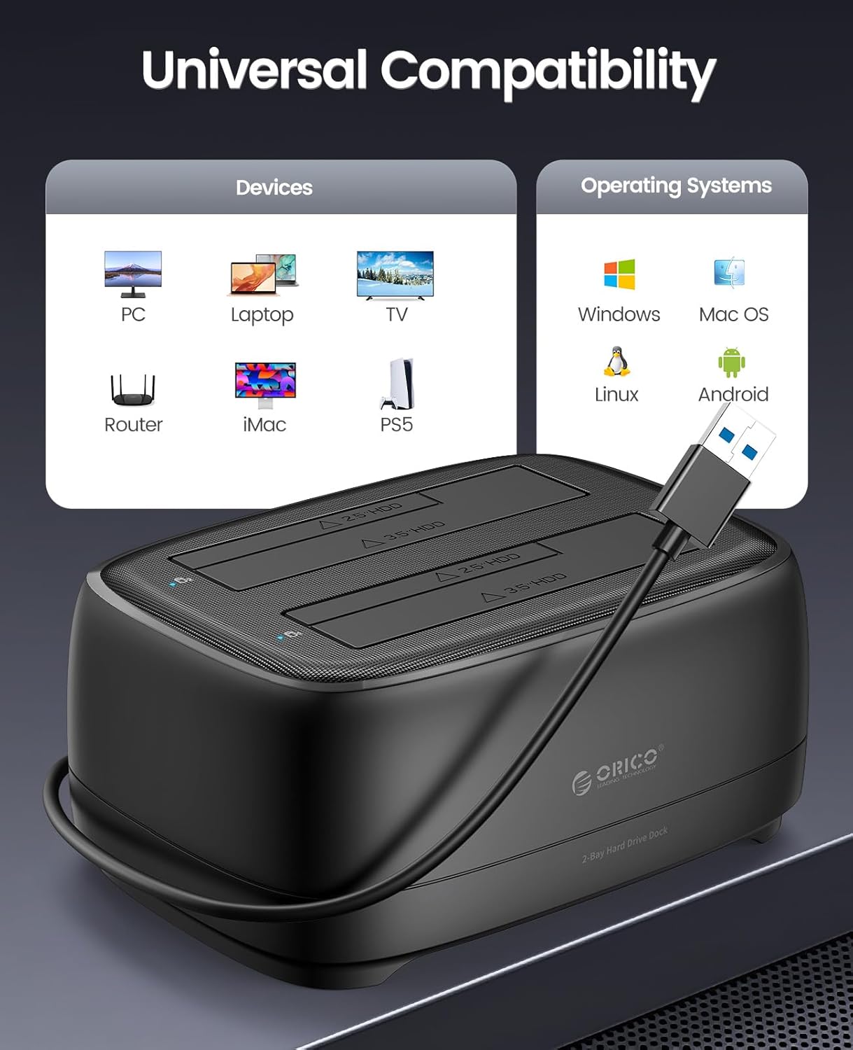 ORICO Dual Bay Hard Drive Docking Station USB 3.0 to SATA III (DD28U3-US)