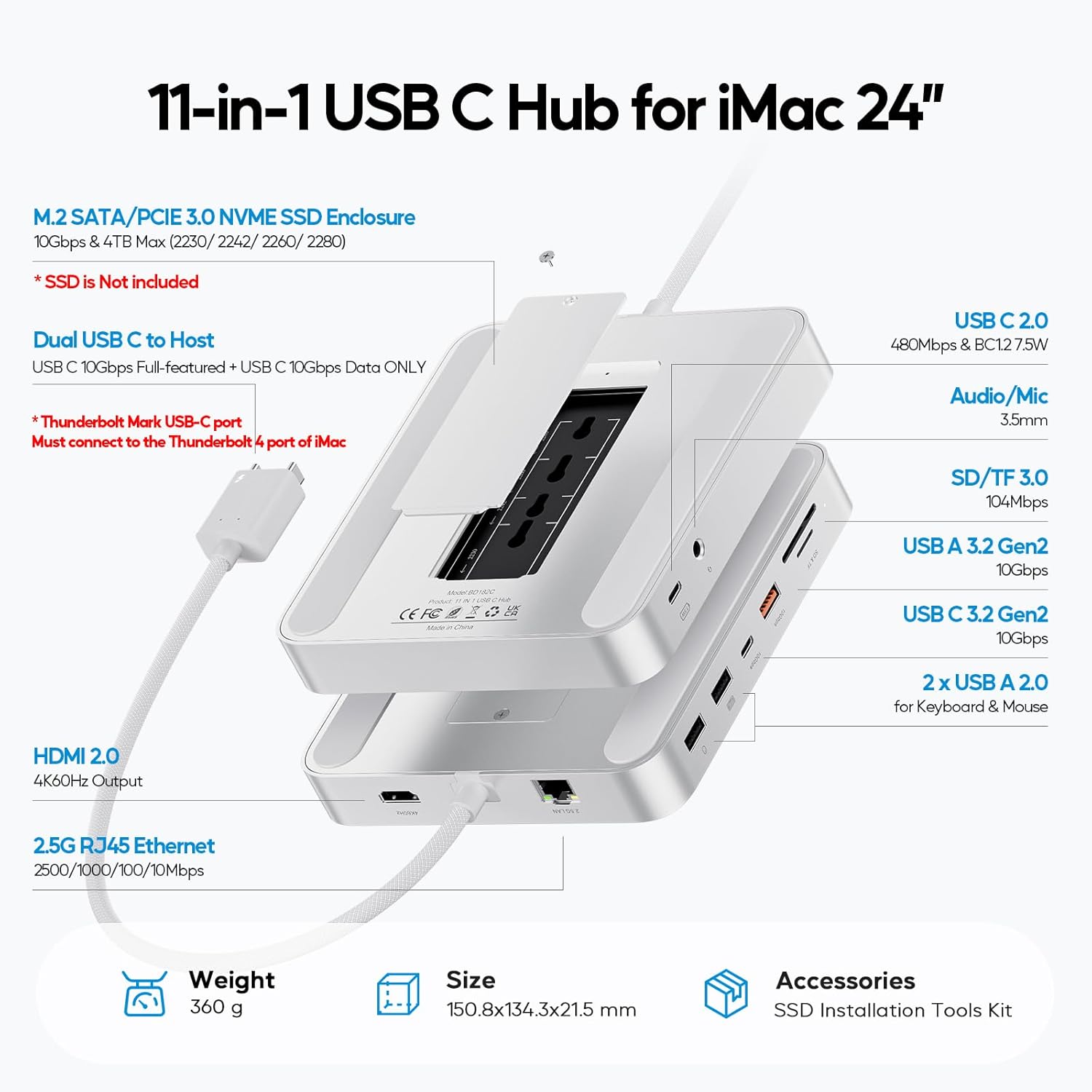 PULWTOP 11-in-1 USB-C Hub Docking Station for iMac 24-inch (M1/M3/M4) with M.2 SSD Support – Silver