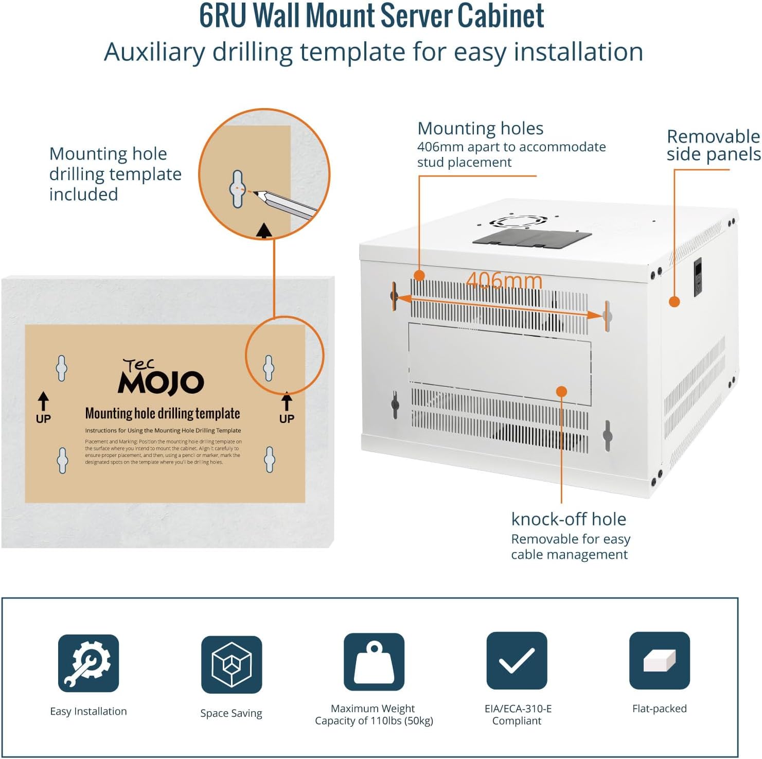 Tecmojo 6RU Wall Mount Network Cabinet – 450mm Deep, Lockable Mesh Door, 50kg Load - White