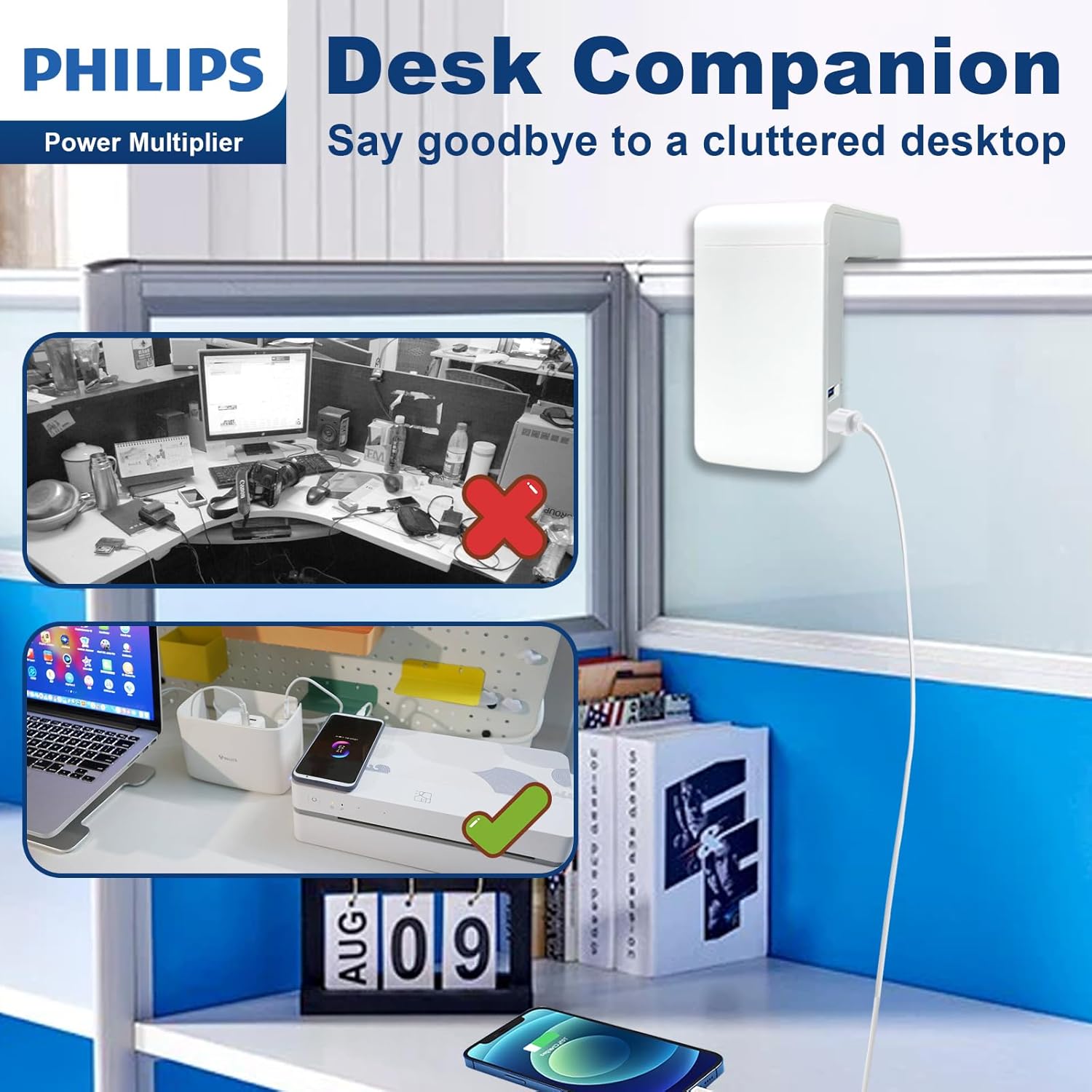 PHILIPS Desk Table Clamp Powerboard, Desktop Edge Mount Charging with 4x10A Outlets + 2xUSB A +2xUSB C (8 Devices), Overload Surge Protector, 1.2m Extension Cord Desktop Power Board with USB C