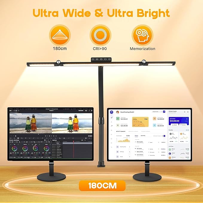 Anyuainiya LED Desk Lamp with Clamp, Architect Desk Lamp for Home Office with Atmosphere Lighting, 24W Ultra Bright Human Body Sensor Dimmable Computer Table Light Rotatable Office Lamp with Base