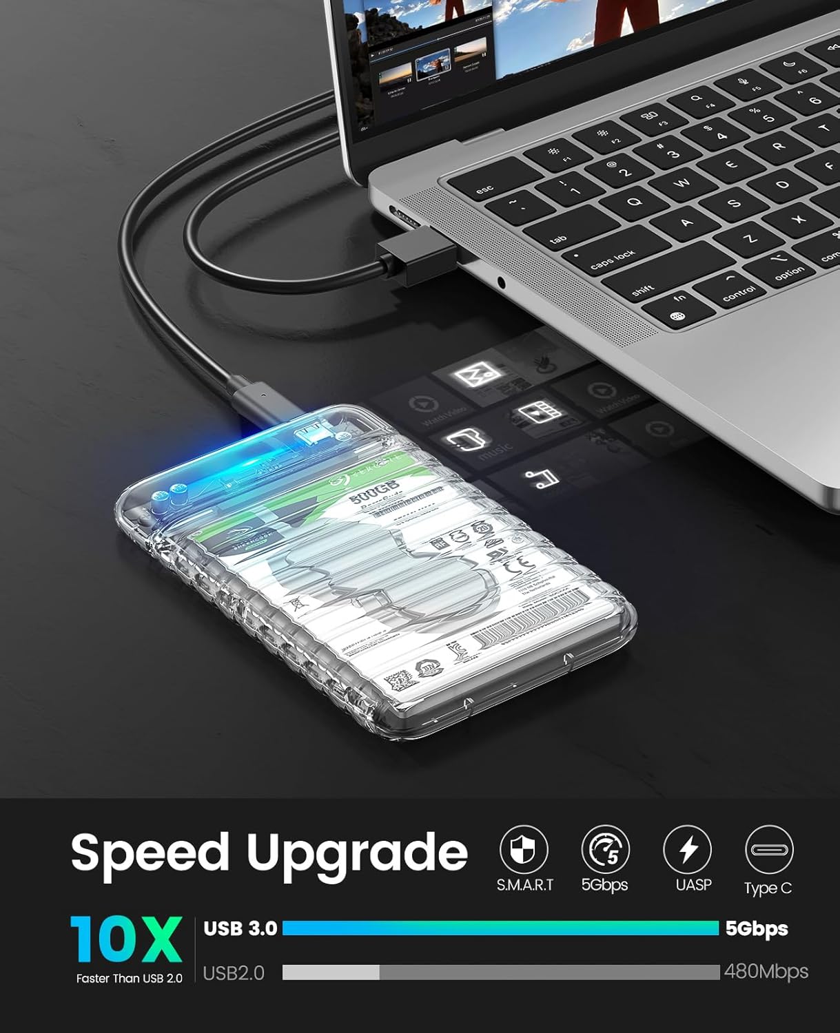 ORICO 2.5" Transparent USB-C Hard Drive Enclosure — 2139C3