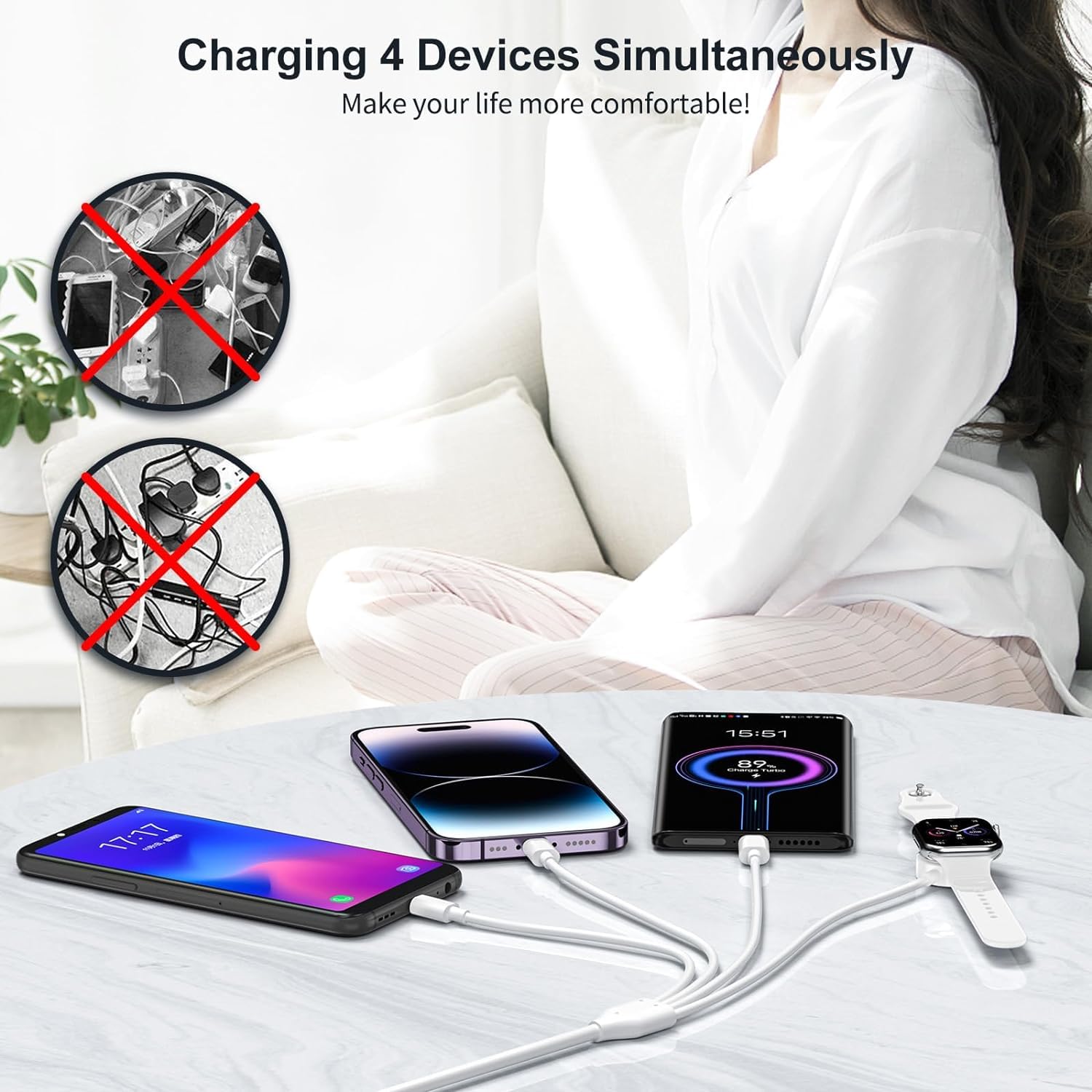 Gaya 4-in-2 Multi Charging Cable with Apple Watch Charger — White