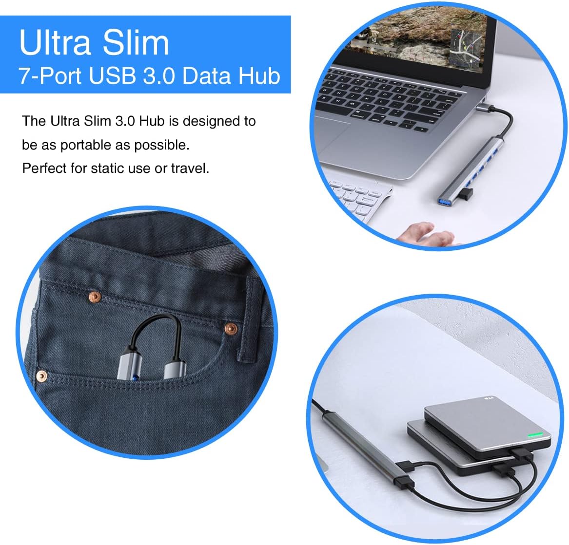 USB Hub for Laptop,7 Port USB 3.0 Hub, USB Hub,USB Splitter USB Extender with Applicable for Laptop,XPS iMac Pro MacBook Air Mac Mini/Pro, Surface Pro Notebook PC PS4,Aluminum(7 Port USB1)