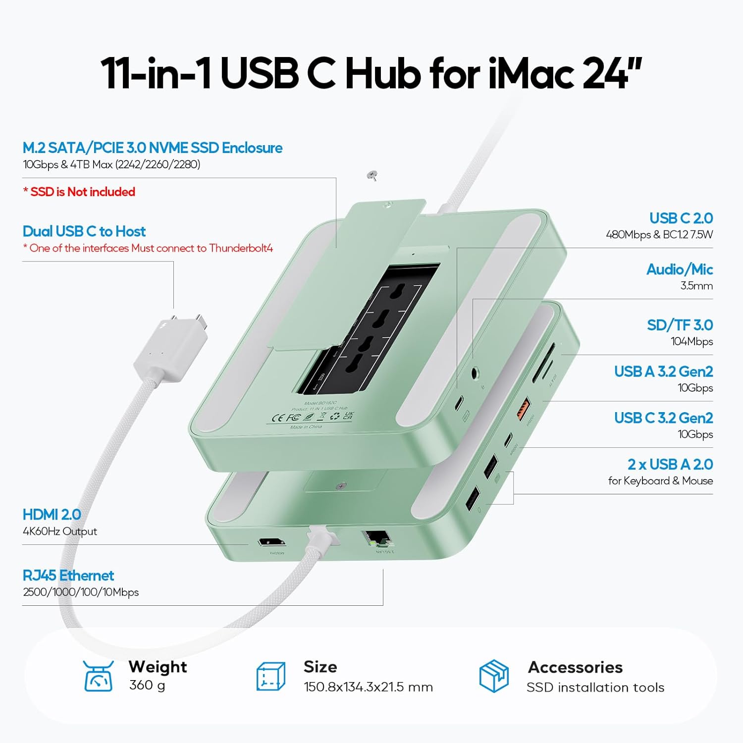 PULWTOP 11-in-1 USB-C Hub Docking Station for iMac 24-inch (M1/M3/M4) with M.2 SSD Support – Green