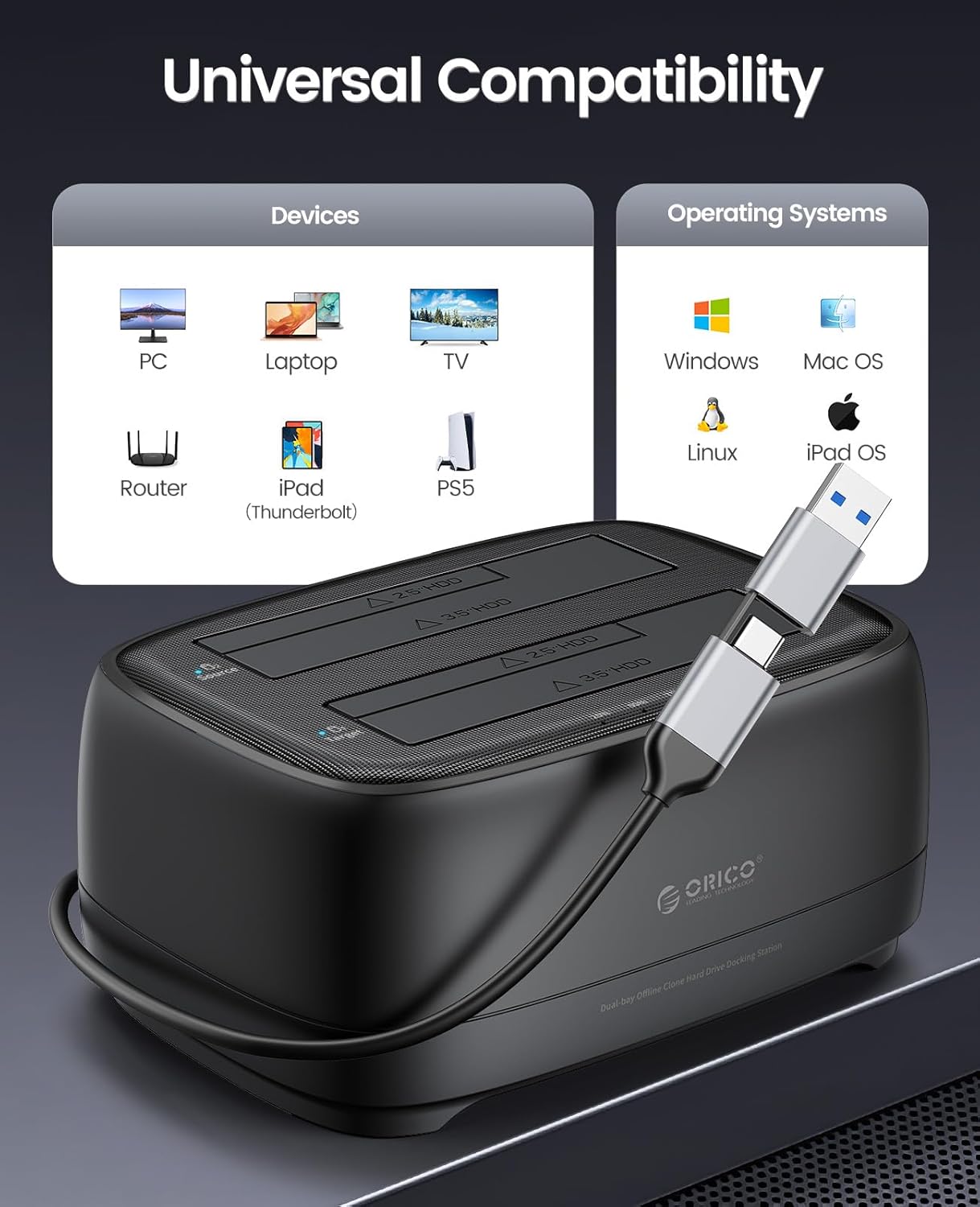 ORICO Dual Bay Hard Drive Docking Station with Offline Clone (DD28C3-C)