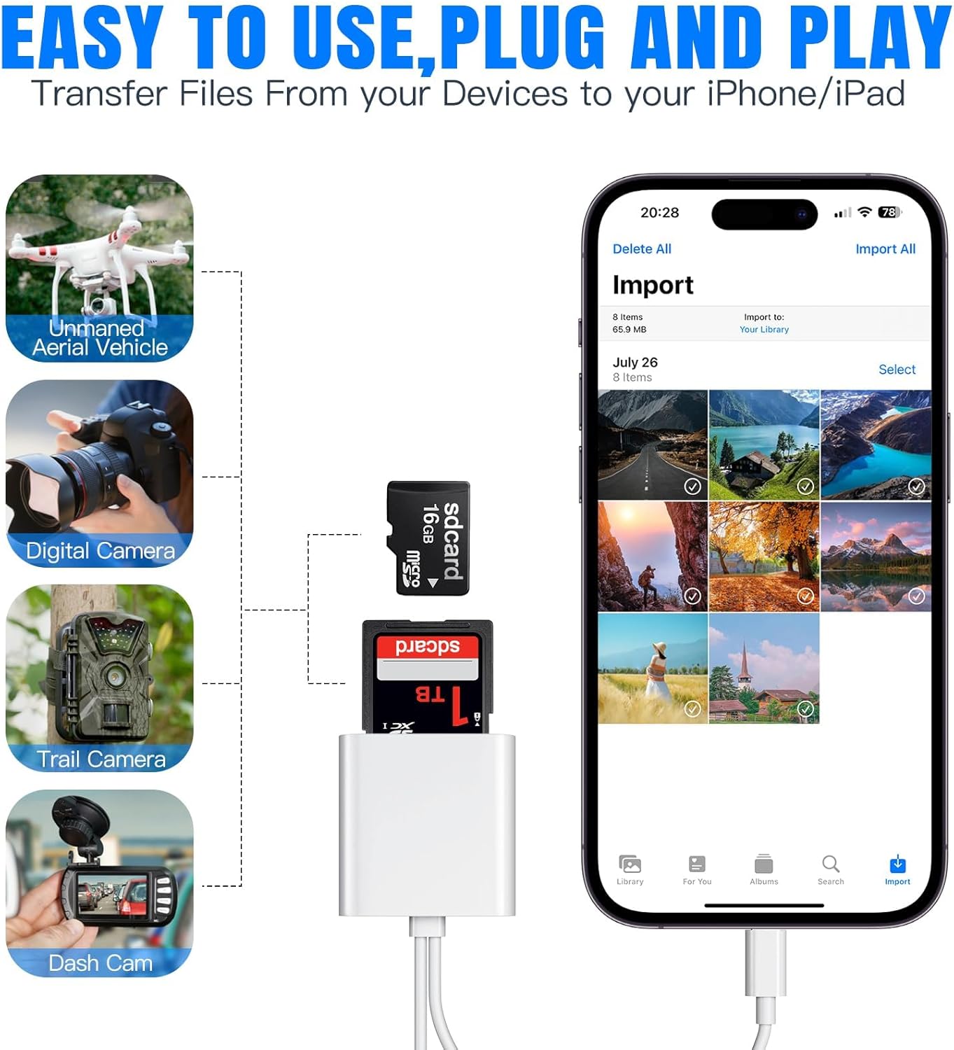 SD/TF Card Reader for iPhone iPad Camera, Dual Card Slot Memory Card Reader Lightning/Type-C to SD/TF Carder Adapter