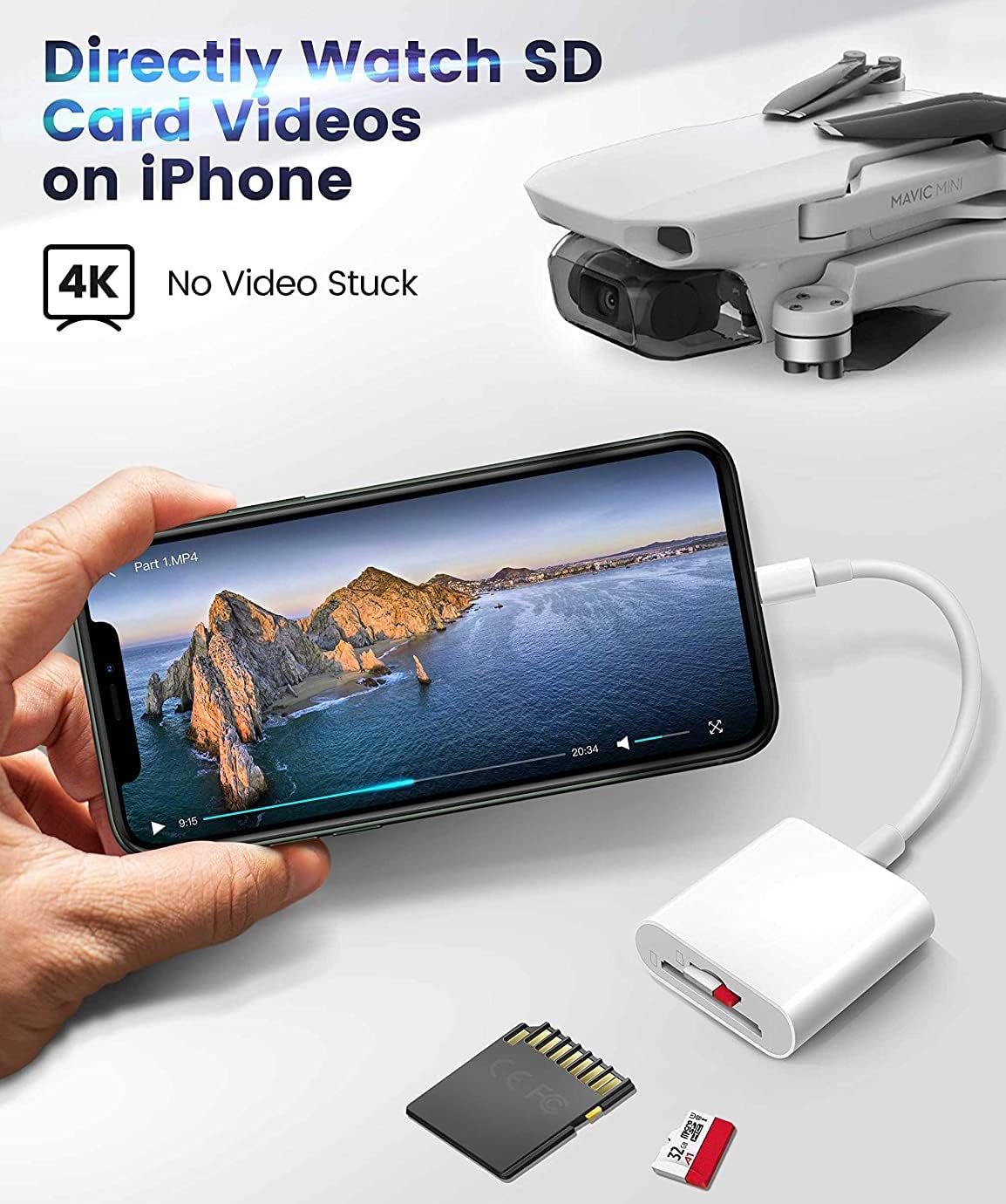 Apple Lightning to SD & TF Card Dual Slot Reader for iPhone/iPad, 2 in 1 Micro SD TF Trail Camera Viewer Memory Card Adapter, Plug and Play.