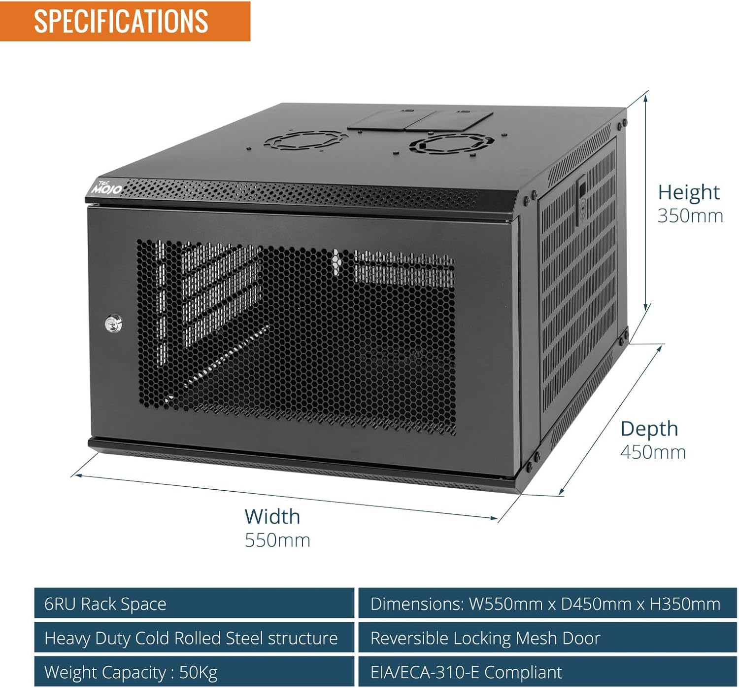 Tecmojo 6RU Wall Mount Network Cabinet – 450mm Deep, Lockable Mesh Door, 50kg Load - Black