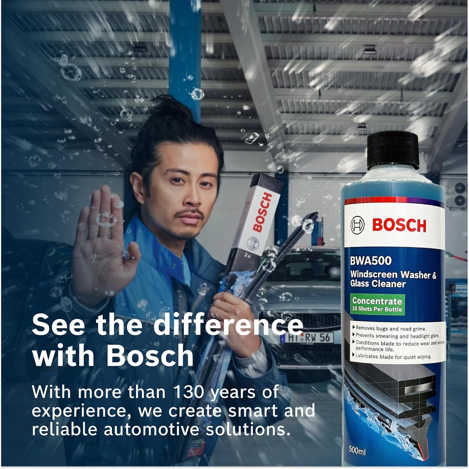 BOSCH BWA500 Windshield Washer Fluid 500ml - Efficient & Reliable Solution for Your Car's Clean Windshield - Glass Cleaner Concentrate Contains 10 Shots Per Bottle