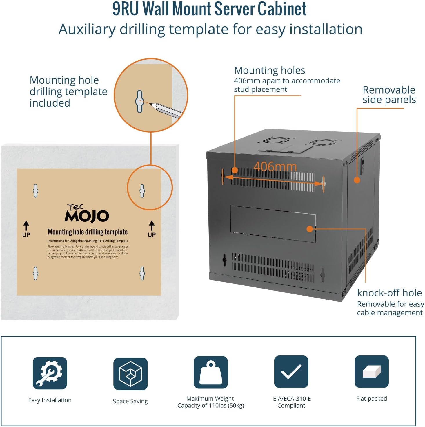 Tecmojo 9RU Wall Mount Network Cabinet – 450mm Deep, Lockable Glass Door, 50kg Load - Black
