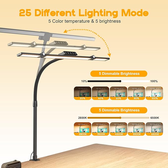 Anyuainiya LED Desk Lamp with Clamp, Architect Desk Lamp for Home Office with Atmosphere Lighting, 24W Ultra Bright Human Body Sensor Dimmable Computer Table Light Rotatable Office Lamp with Base