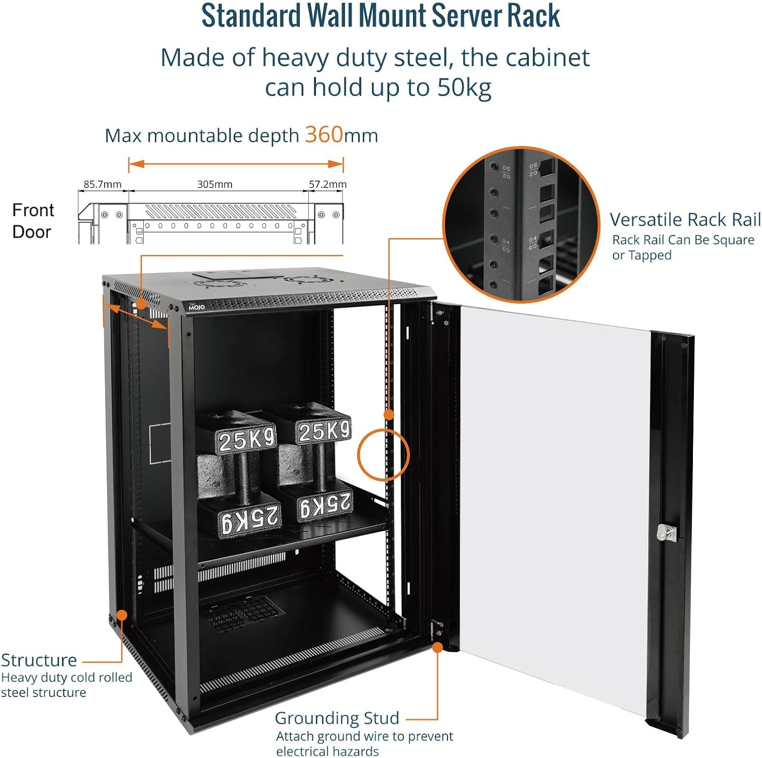 Tecmojo 18U Wall Mount Network Cabinet – 450mm Deep, Lockable Glass Door, 50kg Load - Black