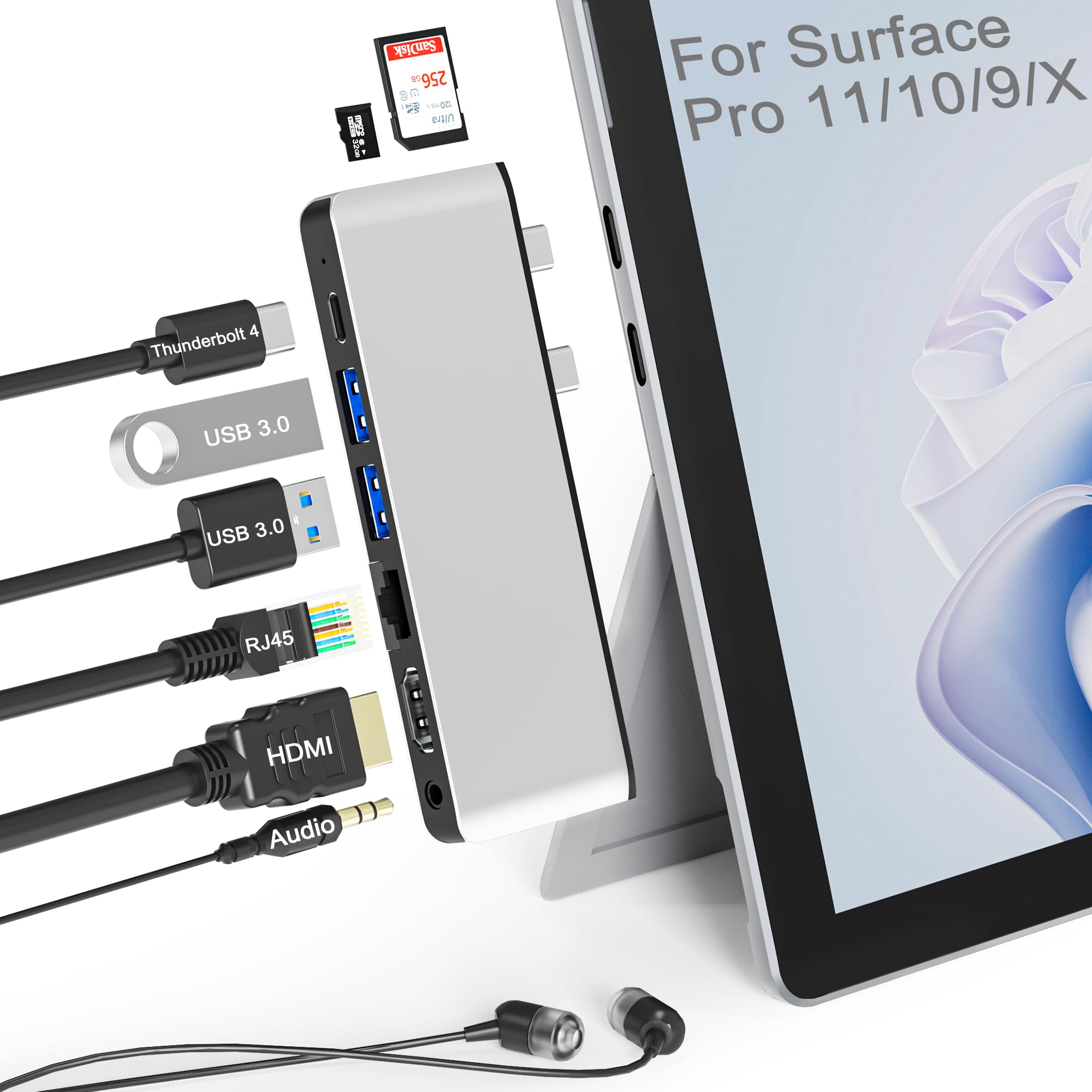 Surface Pro 9/10/11/X USB Hub Docking Station with 4K HDMI Thunerbolt 4 RJ45 USB3.0 SD TF 3.5mm Audio Triple Display for Surface