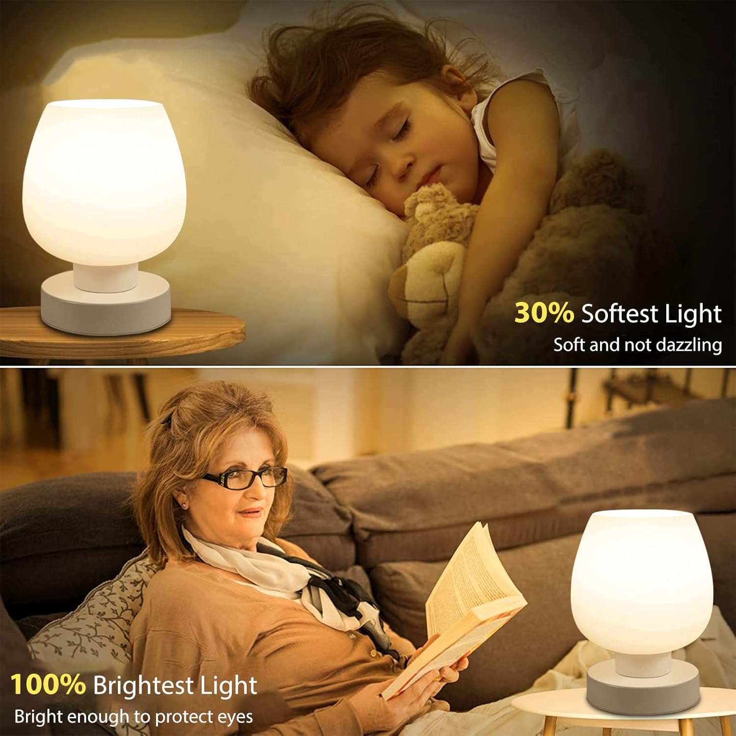 Touch Bedside Table Lamp, 3 Way Dimmable Bedside Lamp with White Opal Glass Lamp Shade, Touch Table Lamp for Bedroom Nightstand, Living Room, Dorm, Home Office