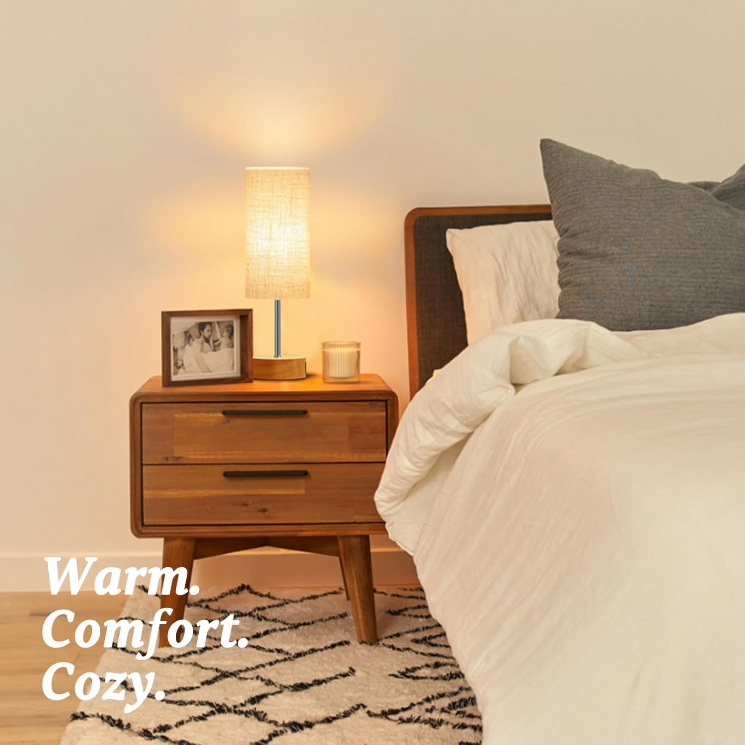 Bedside Lamp Touch Control Table Lamp with USB A+C Charging Ports 3-Way Dimmable Nightstand Lamp with Linen Fabric Shade for Bedroom Living (Woodgrain Metal Base/Linen Shade)