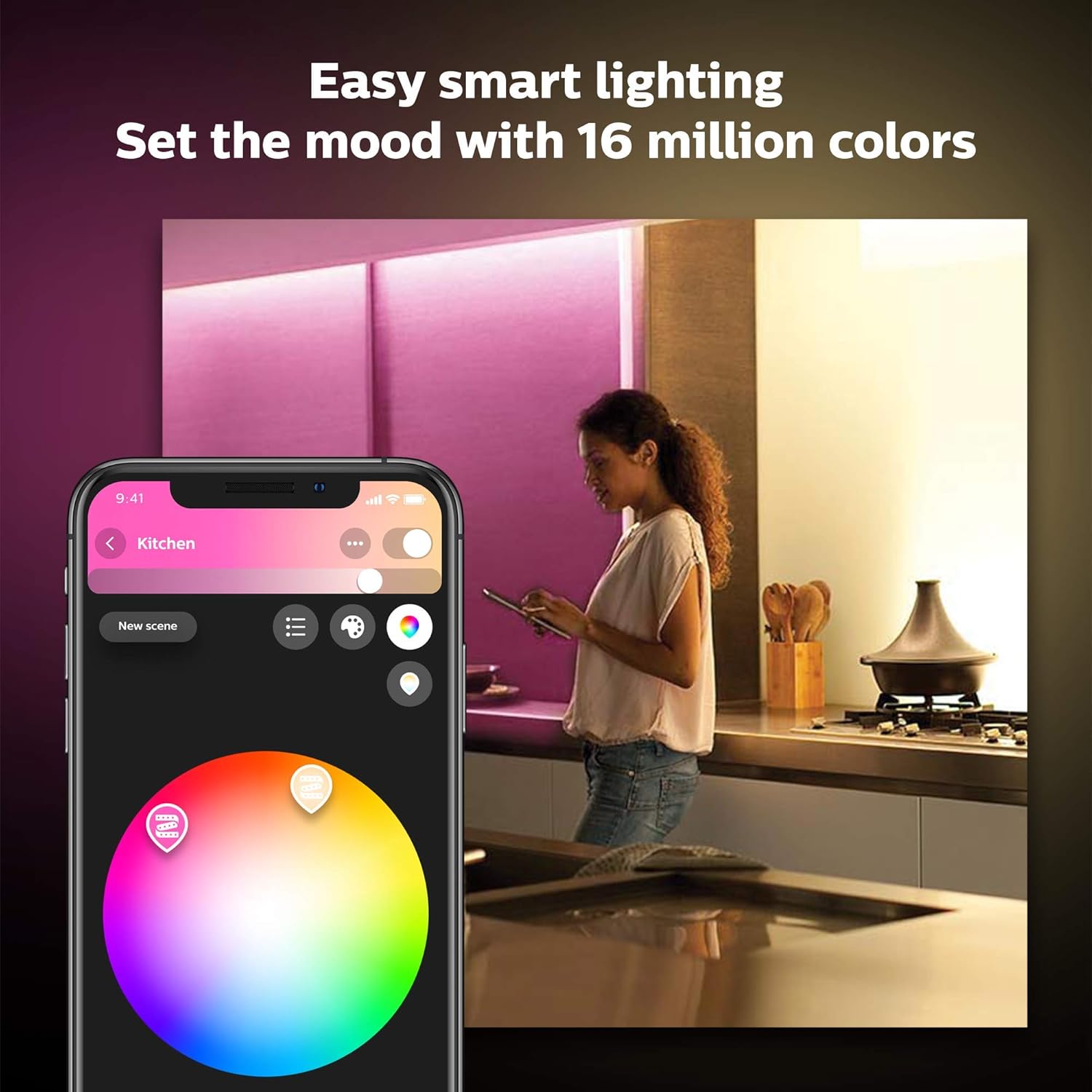 Philips Hue LightStrip Plus Dimmable LED Smart Light - Two Metre Base Kit (Compatible with Bluetooth, Amazon Alexa, Apple HomeKit, and Google Assistant), White and Colour HUESTRIPBT