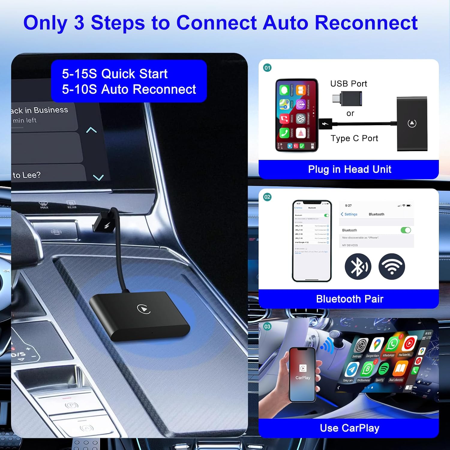 Wireless Carplay Adapter,Wireless Apple Carplay Dongle Adapter,Car Apple Carplay Bluetooth Adapter,Plug & Play 5GHz WiFi Online Update,Low Latency,Easy to Install,Support Newest iOS 16