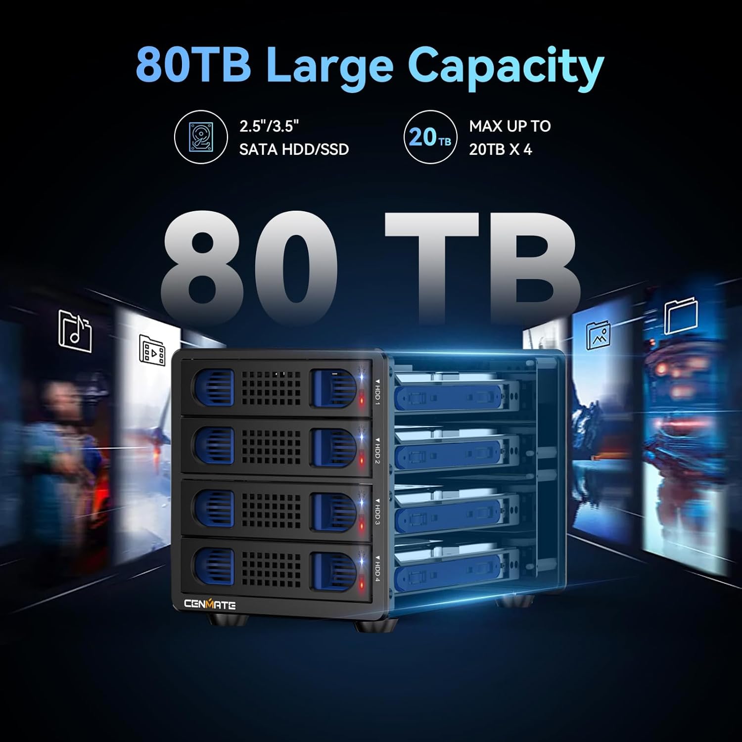 CENMATE 4-Bay Hard Drive Enclosure — USB 3.0, Aluminum with Cooling Fan