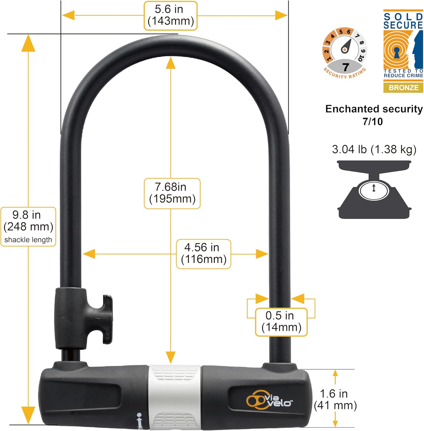 Bike U Lock with Cable - Via Velo Heavy Duty Bicycle U-Lock,14mm Shackle and 10mm x1.8m Cable with Mounting Bracket for Road Bike Mountain Bike Electric Bike Folding Bike, Great Bike Safety Tool