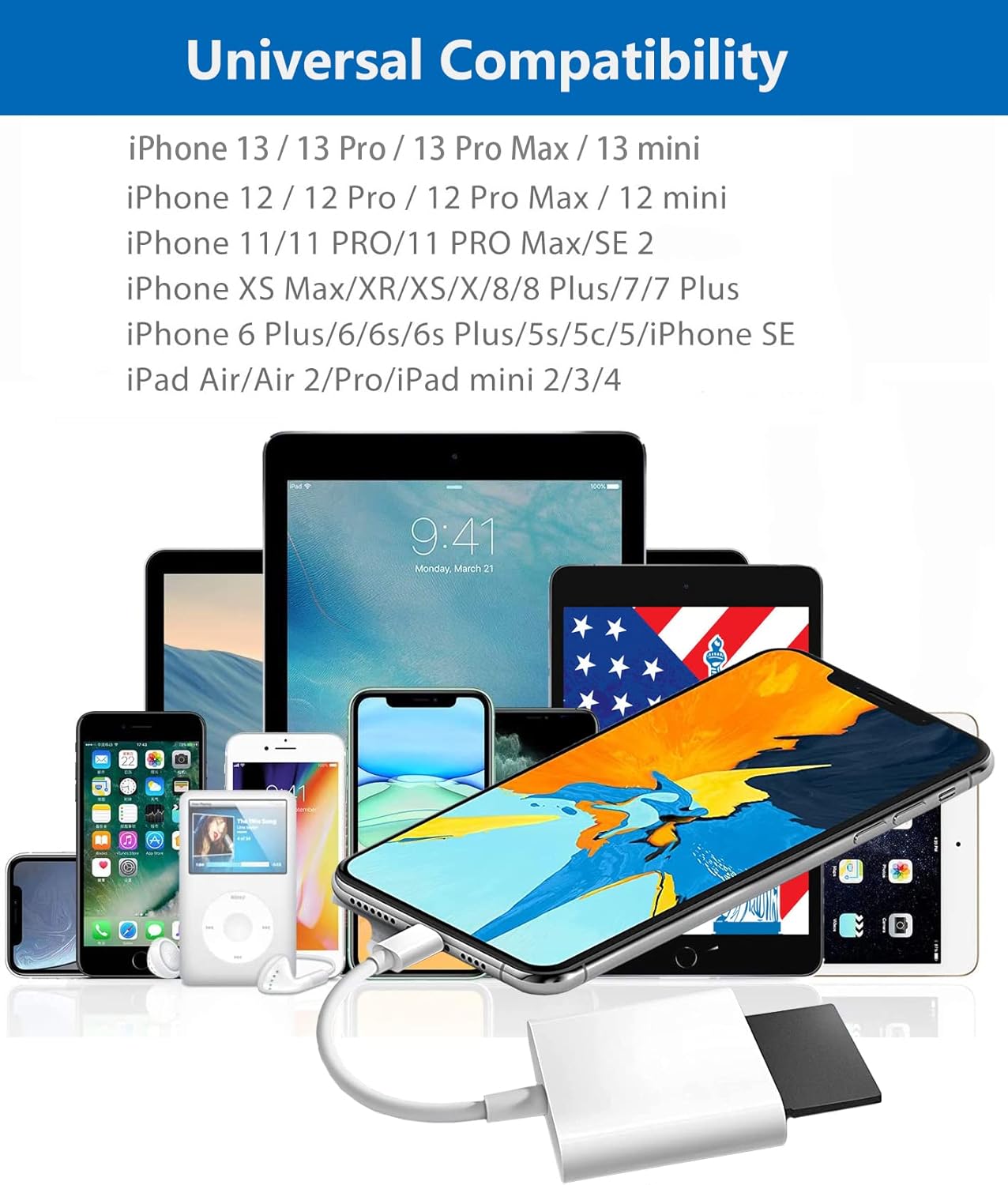 Apple Lightning to SD & TF Card Dual Slot Reader for iPhone/iPad, 2 in 1 Micro SD TF Trail Camera Viewer Memory Card Adapter, Plug and Play.