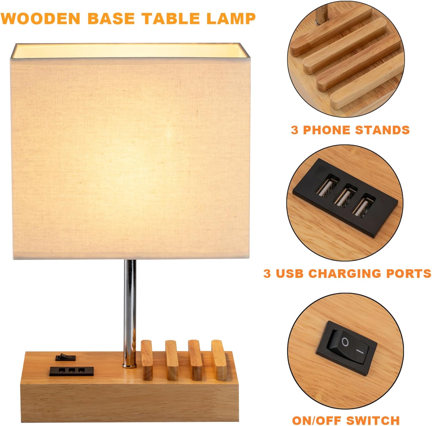 Dreamholder Table Lamp with 3 USB A+C Ports, 3 Phone Stands, Modern USB Bedside Lamp for Bedroom, Livingroom, Office, Nightstand Lamp with Wooden Base & Fabric Shade