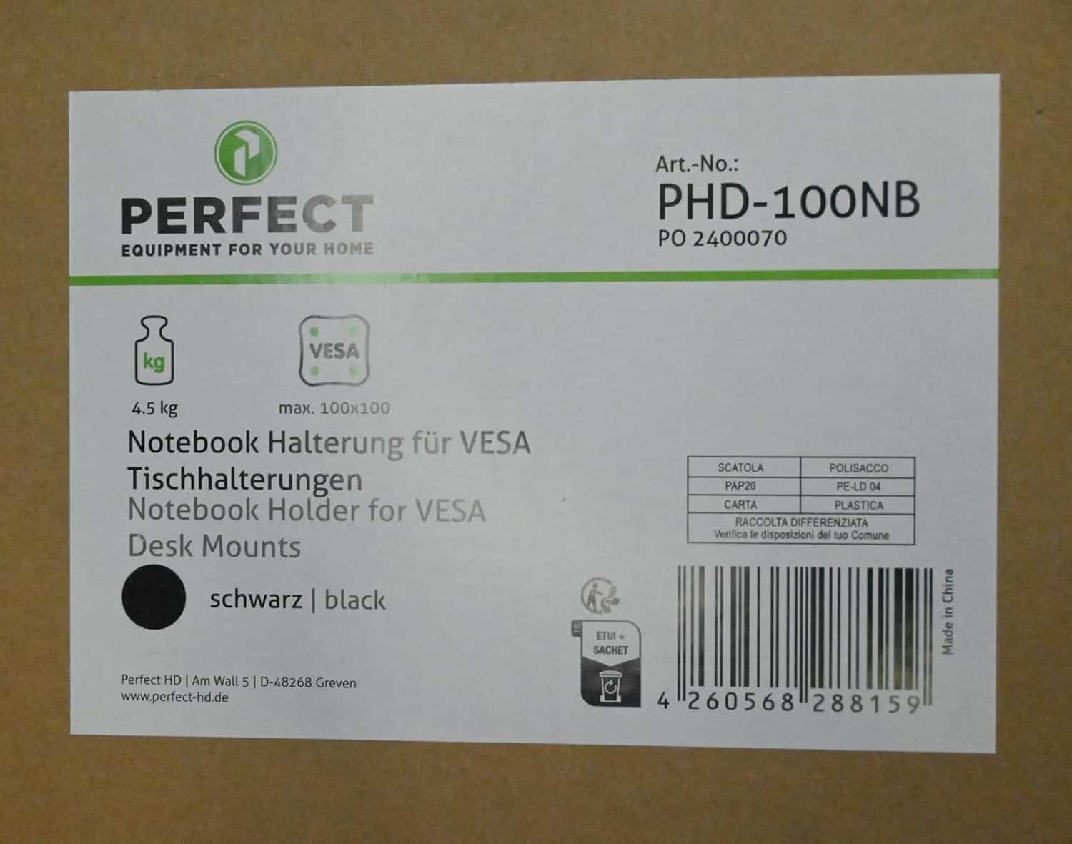 Perfect Notebook Mount for VESA Table Mounts Surface 30 cm x 22.5 cm Maximum Load 9 kg Black