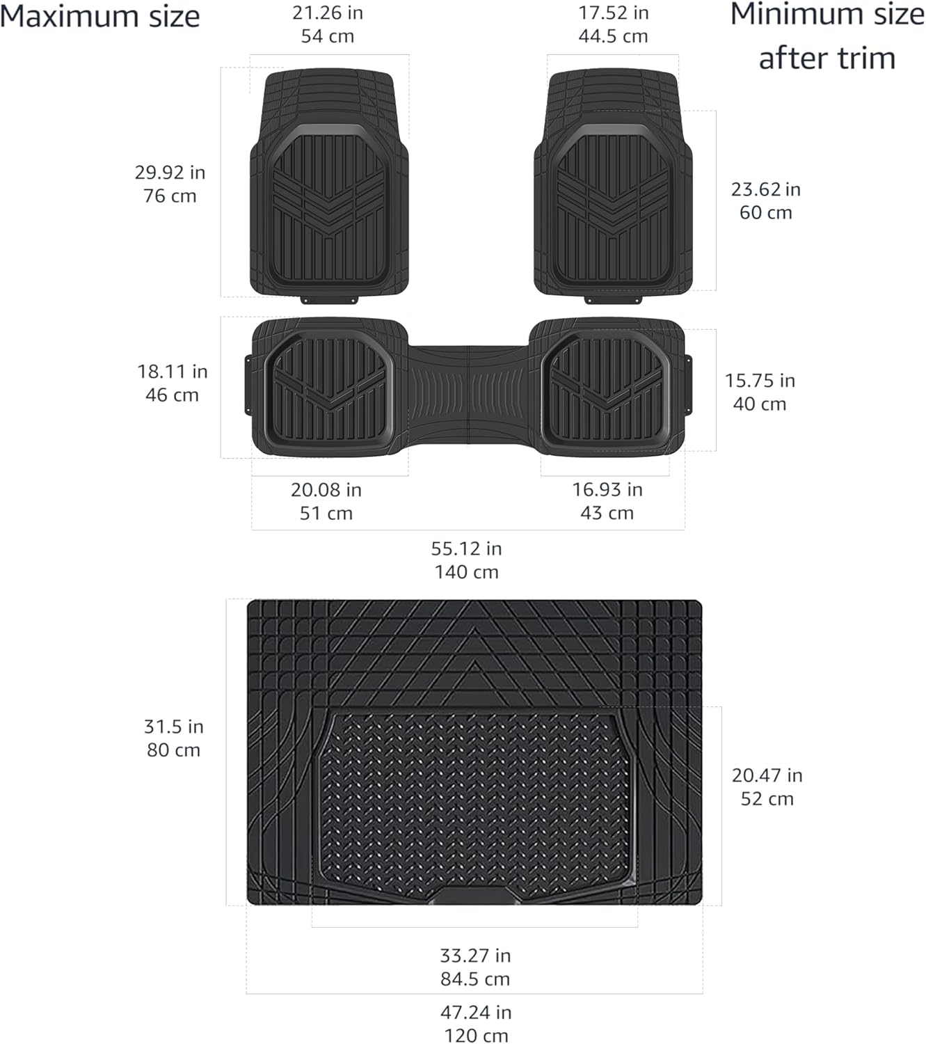 Amazon Basics 4-Piece All-Weather Protection Heavy Duty Rubber Floor Mats Set with Cargo Liner for Cars, SUVs, and Trucks，Black,Universal Trim to Fit