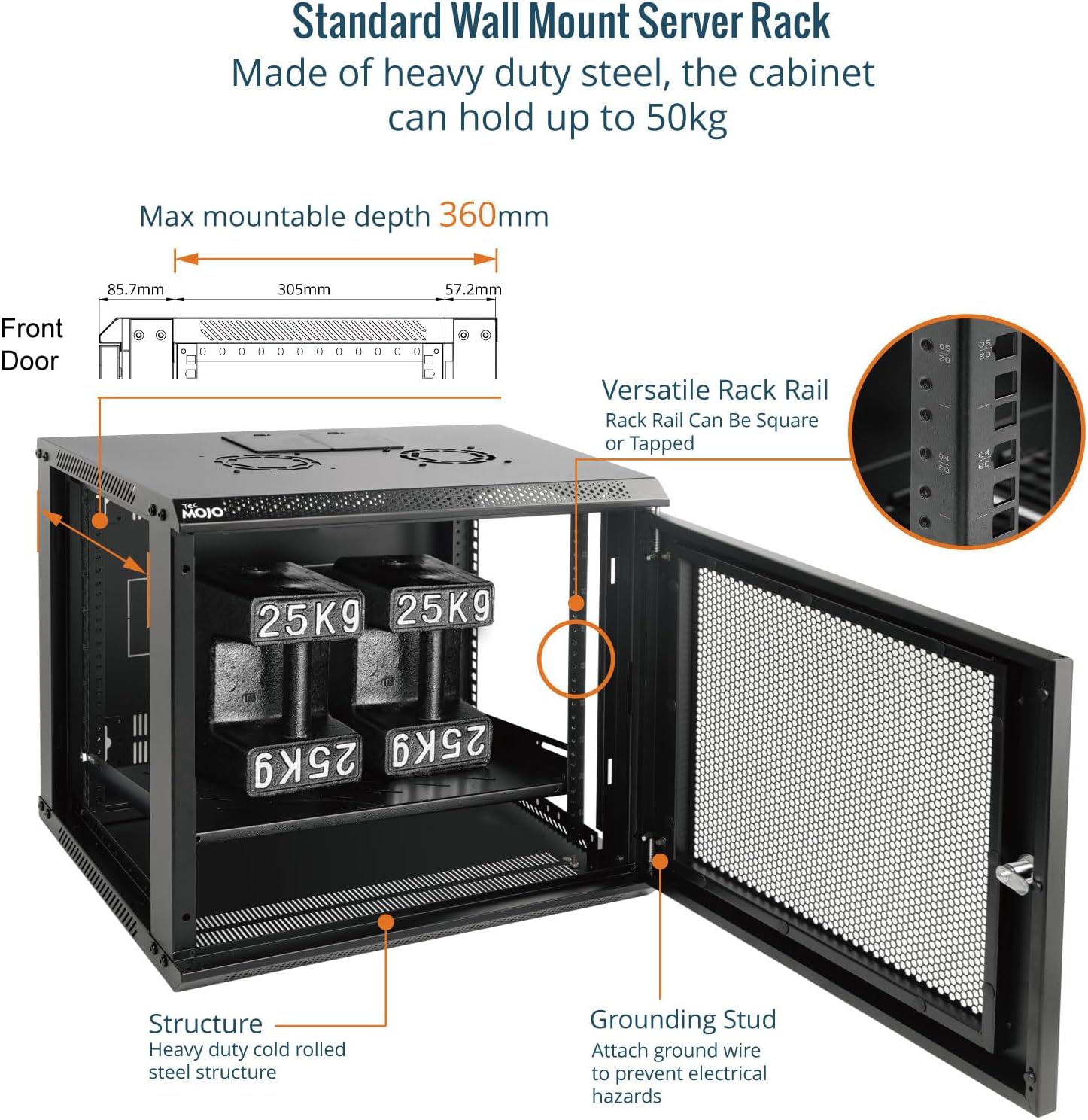 Tecmojo 9RU Wall Mount Network Cabinet – 450mm Deep, Lockable Mesh Door, 50kg Load - Black