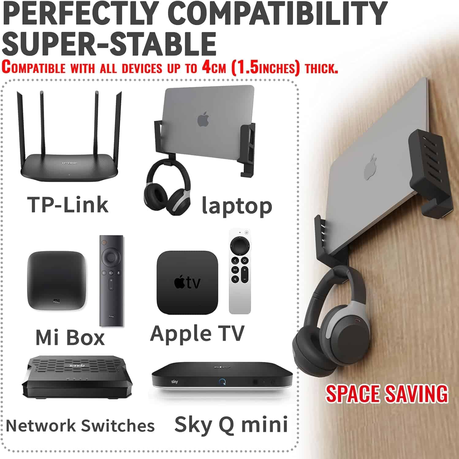 sciuU Universal Wall Mount for Laptops/Routers/TV Boxes/Network Switches/Modems - Wall Shelf for Device Thickness < 4 cm