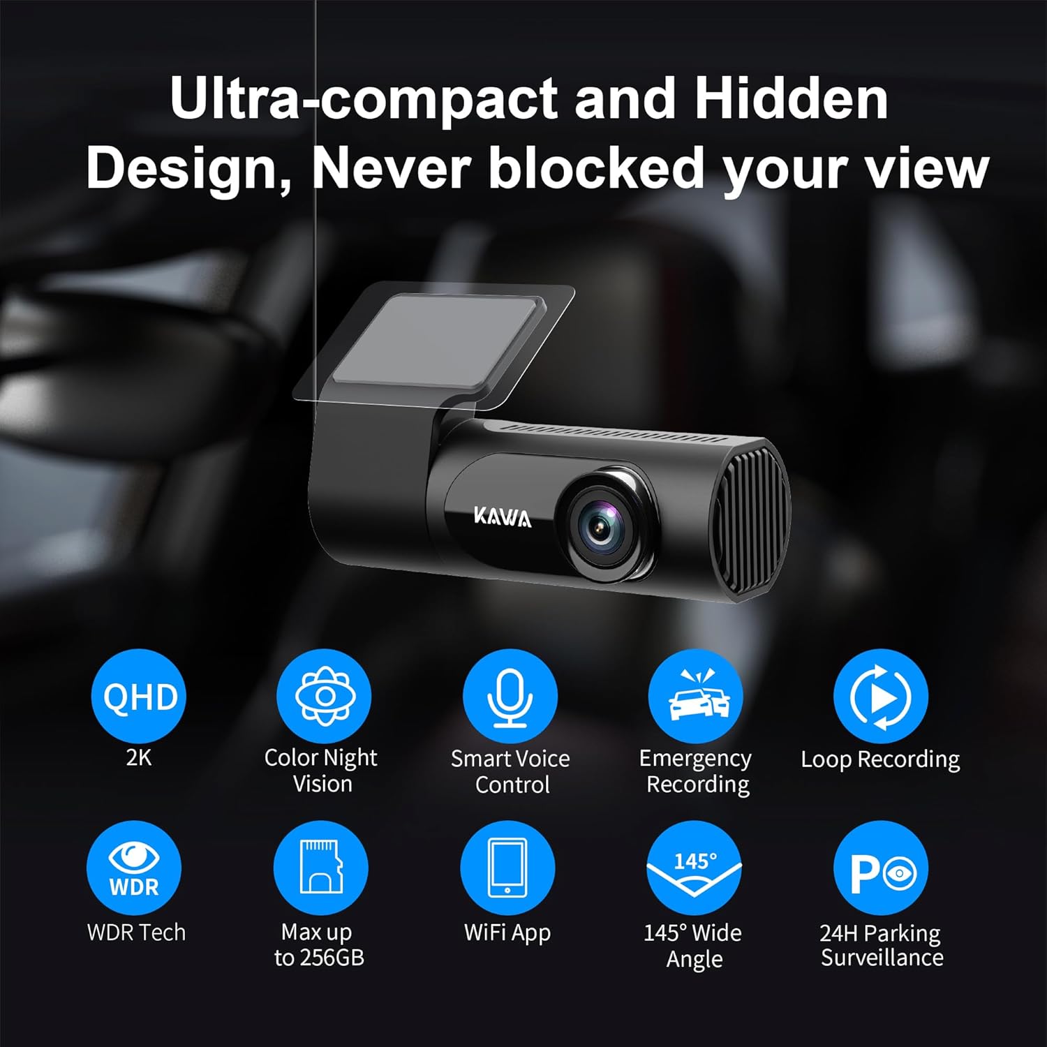 KAWA Dash Cam 2.5K, WiFi Dash Camera for Cars 1440P with Hand-Free Voice Control, Night Vision, Mini Hidden Dashcam Front, Emergency Lock, Loop Recording, 24H Parking Monitor, APP, Support 256GB Max