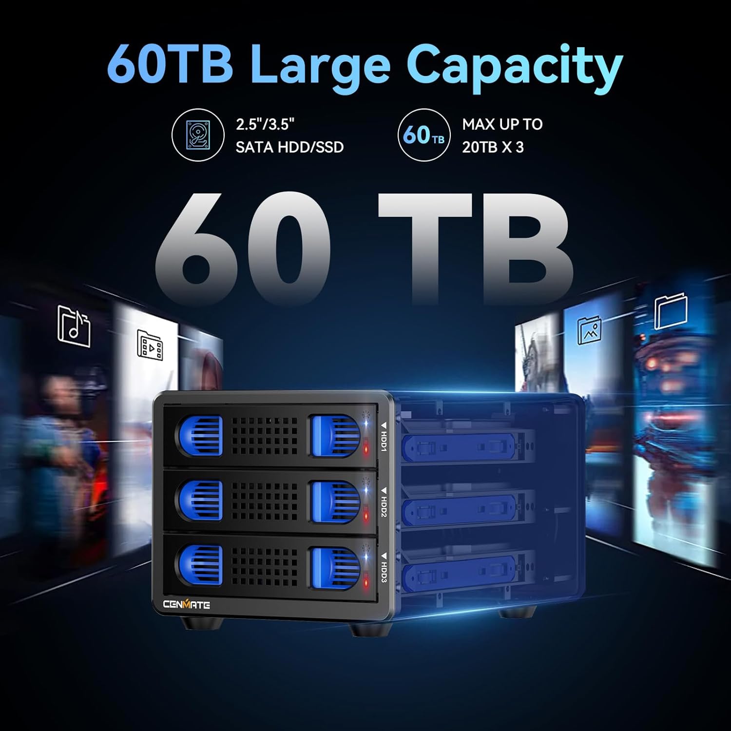 CENMATE 3-Bay Hard Drive Enclosure — USB 3.0, Aluminum with Cooling Fan