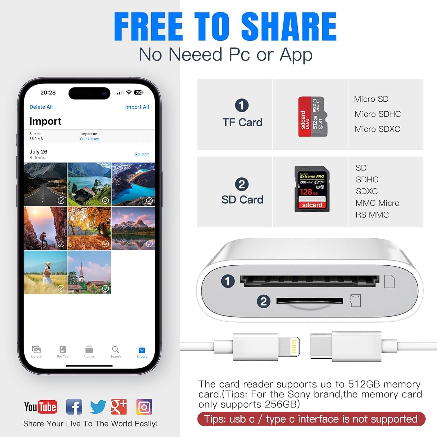 SD/TF Card Reader for iPhone iPad Camera, Dual Card Slot Memory Card Reader Lightning/Type-C to SD/TF Carder Adapter