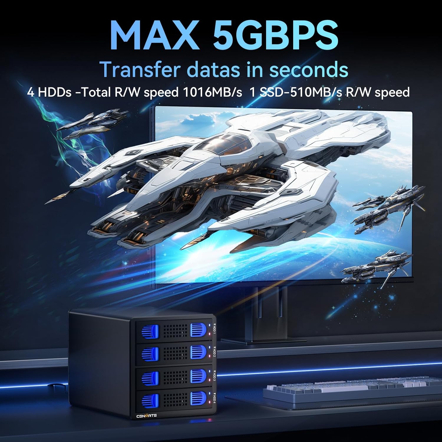 CENMATE 4-Bay Hard Drive Enclosure — USB 3.0, Aluminum with Cooling Fan