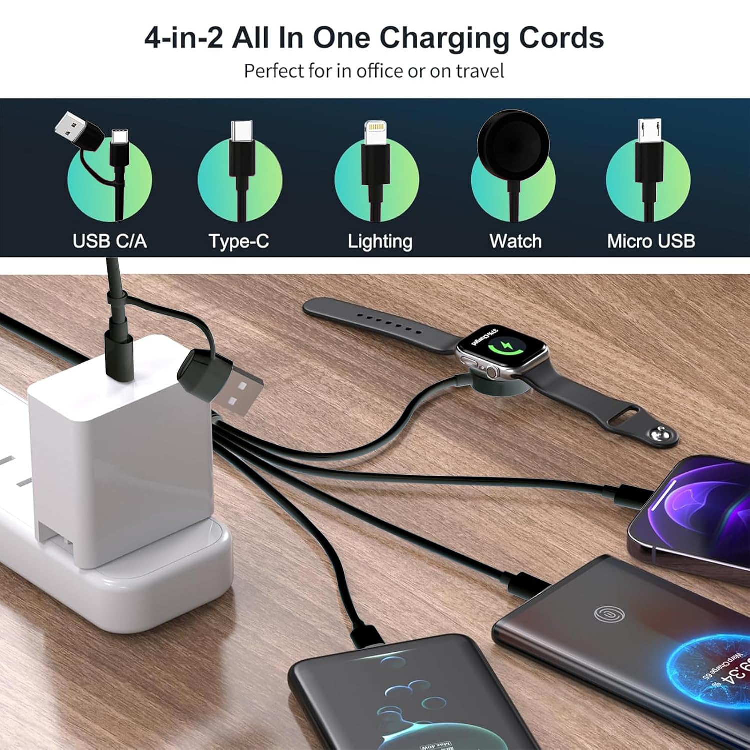 Gaya 4-in-2 Multi Charging Cable with Apple Watch Charger — White