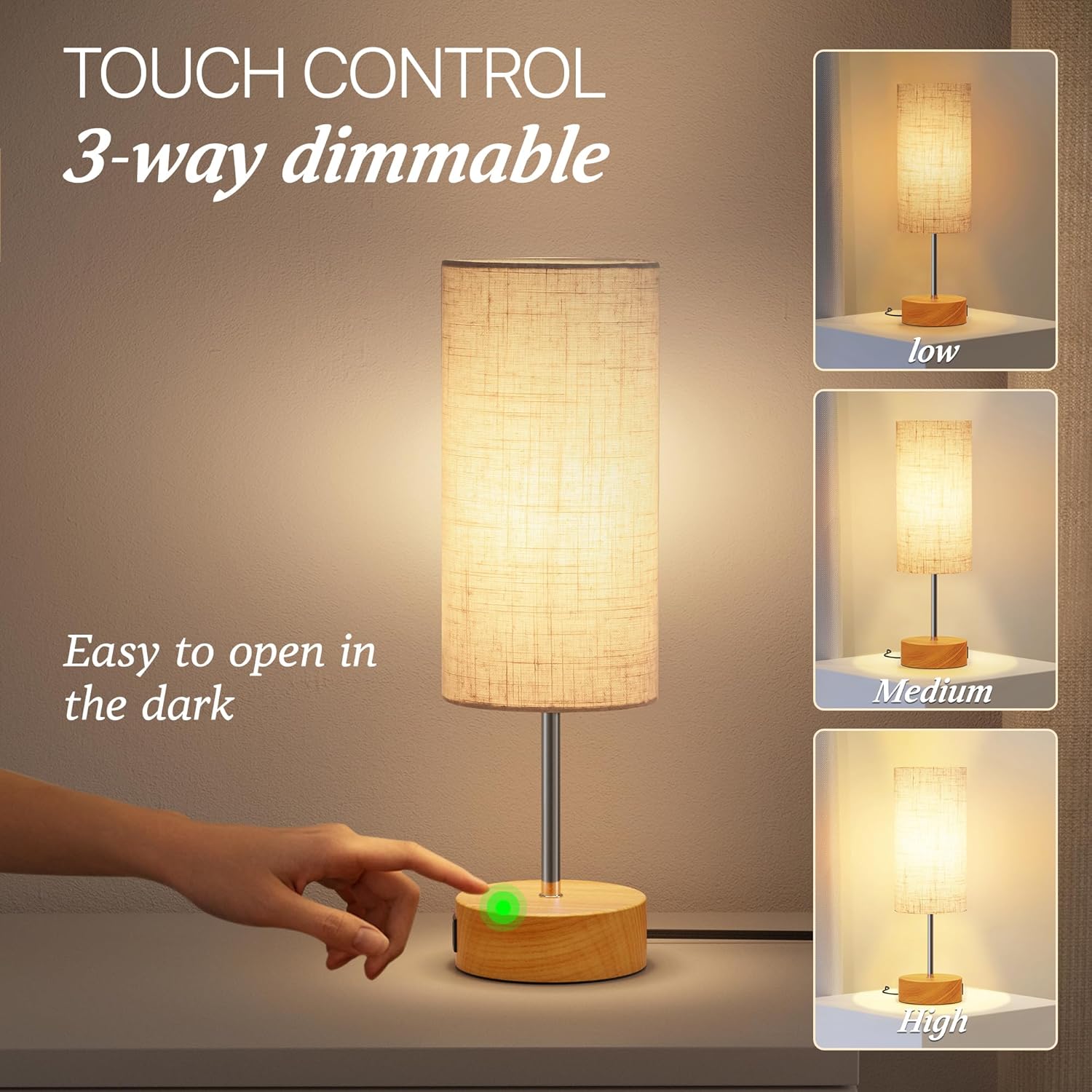 Bedside Lamp Touch Control Table Lamp with USB A+C Charging Ports 3-Way Dimmable Nightstand Lamp with Linen Fabric Shade for Bedroom Living (Woodgrain Metal Base/Linen Shade)