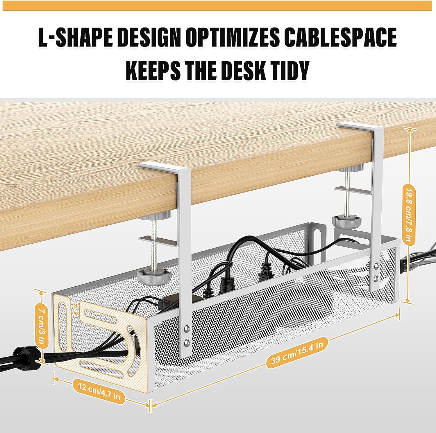 Under Desk Cable Management Tray — No Drill (White)